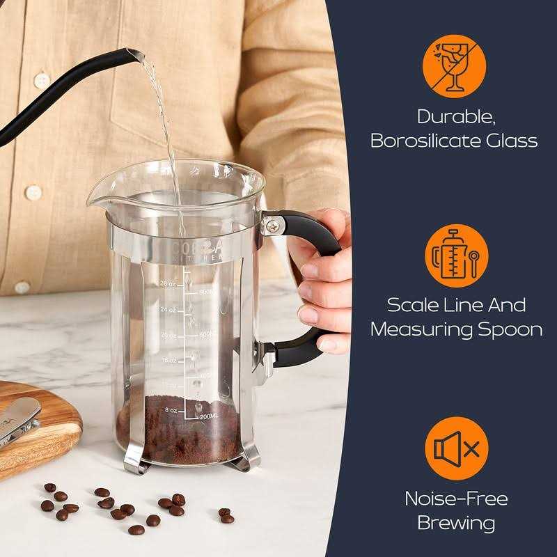 French Press Coffee Maker Large, Borosilicate Glass Carafe, Brews Fresh Coffee, Coffee Press Cold Brew or Tea without Grounds