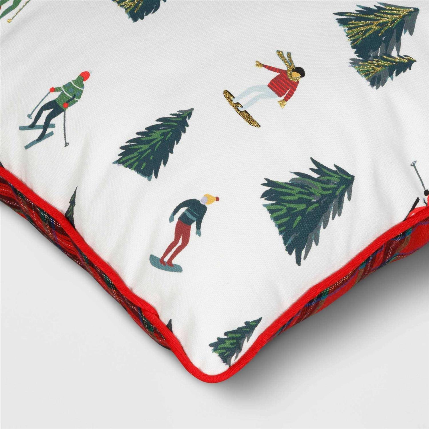 Wondershop 16×16 Reversible Skiing to Plaid Square Christmas Throw Pillow White/Red