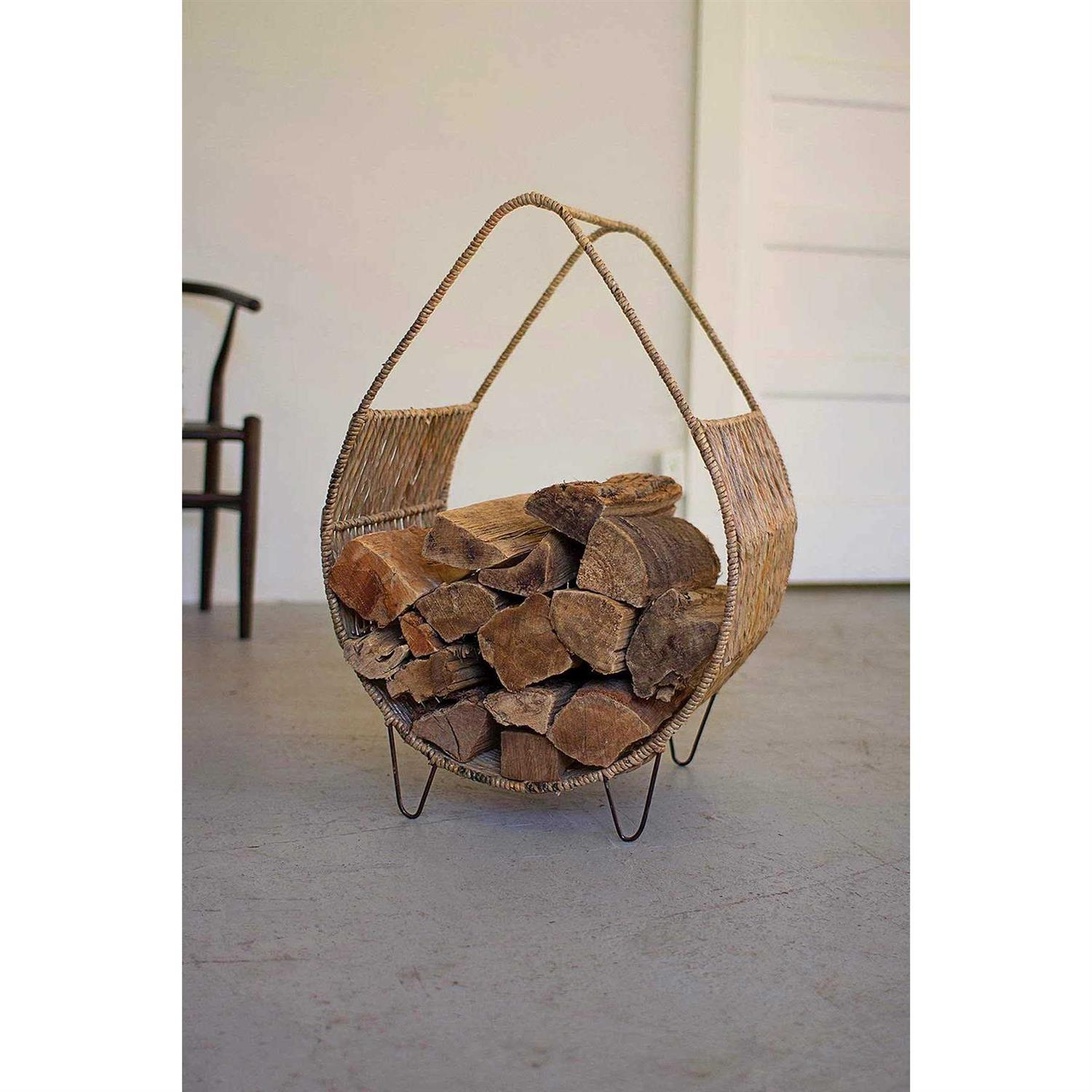 Kalalou Woven Rush and Metal Firewood Rack with Tall Handle