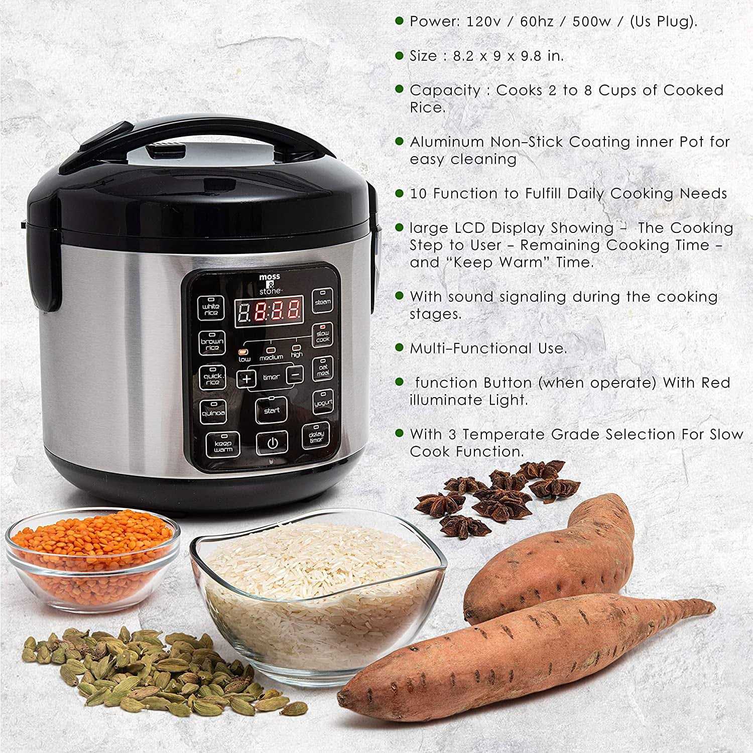 Moss & Stone Electric Multicooker Digital Rice Cooker Small 4-8 Cup 10 Pre-Programmed Settings Brown White / Food Steamer