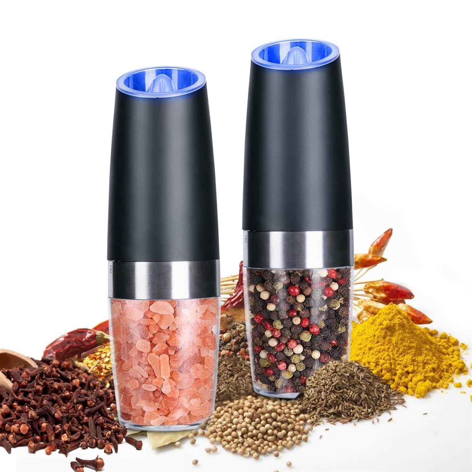 2 Pack Gravity Electric Salt and Pepper Grinder Set Automatic Battery Powered Salt Mill