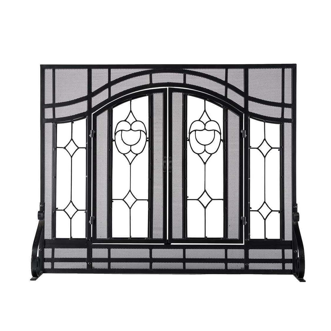 Plow & Hearth Two-Door Fireplace Screen with Glass Floral Panels