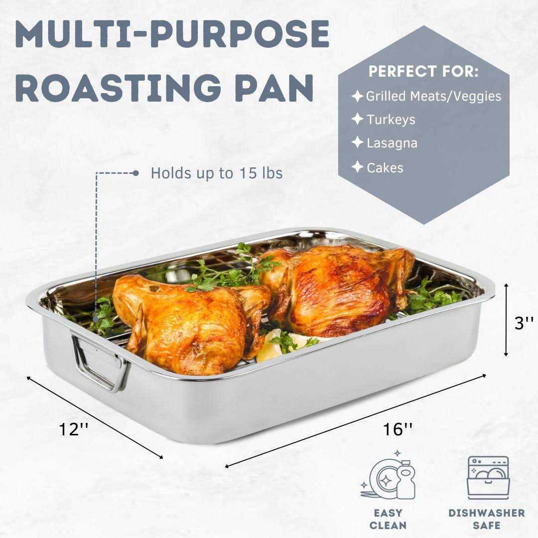Lexi Home 16 in. Classic Stainless Steel Roasting Pan with Roasting Rack