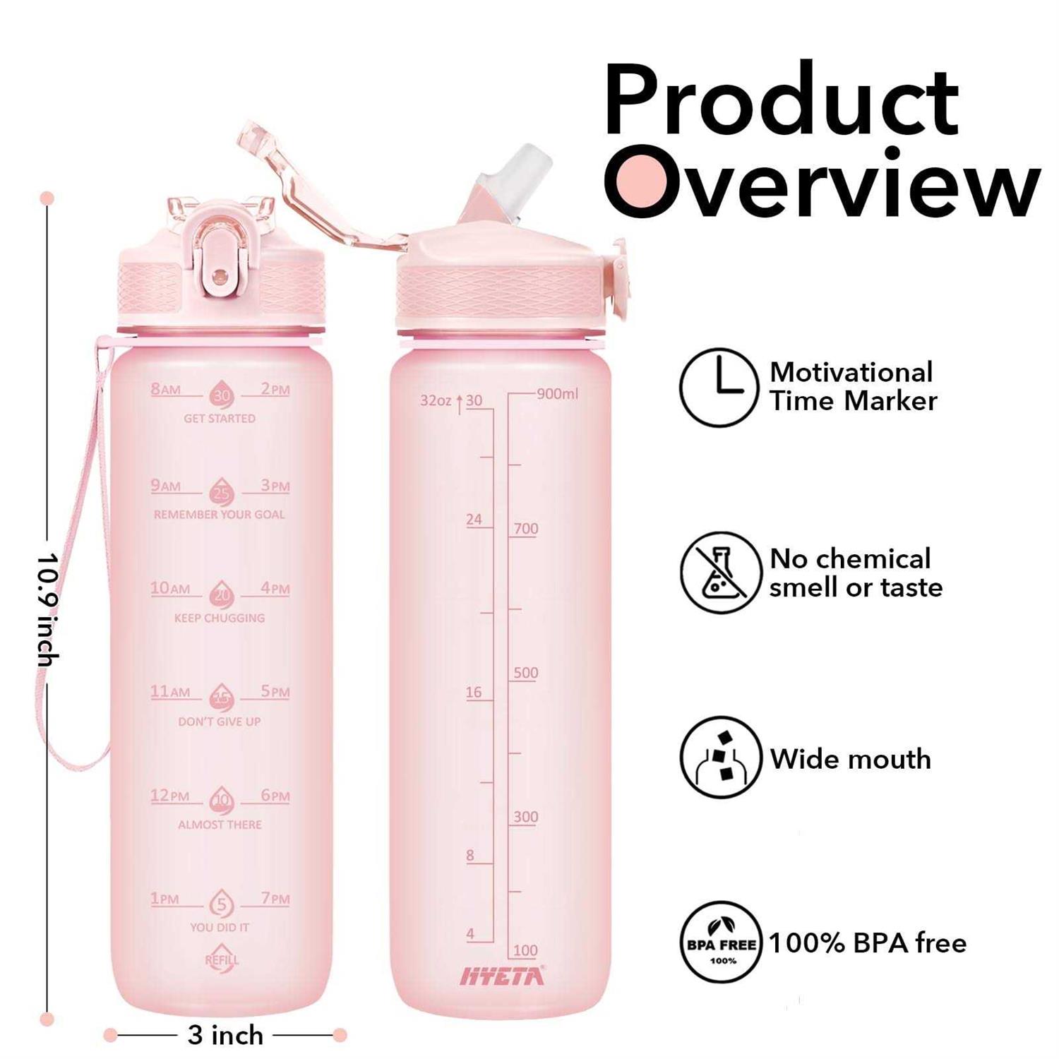 Hyeta 32 oz Water Bottles with Times to Drink and Straw