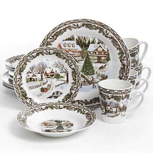 Gibson Home Christmas Toile 16 Piece Dinnerware Set