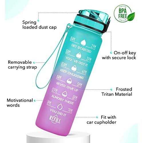 Meitagie 32oz Motivational Water Bottle with Time Marker Leak-proof BPA Free Bottle Strap