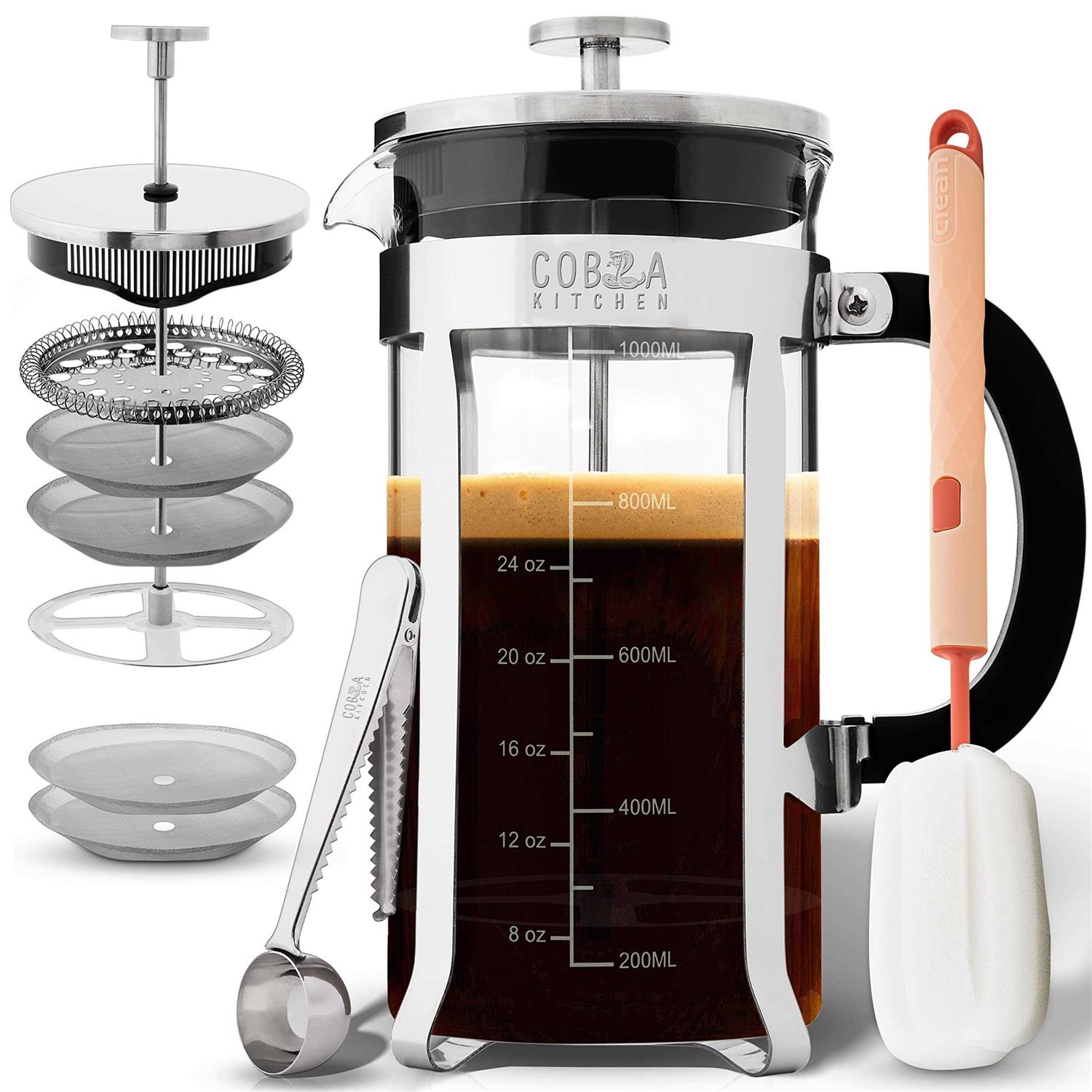 French Press Coffee Maker Large, Borosilicate Glass Carafe, Brews Fresh Coffee, Coffee Press Cold Brew or Tea without Grounds
