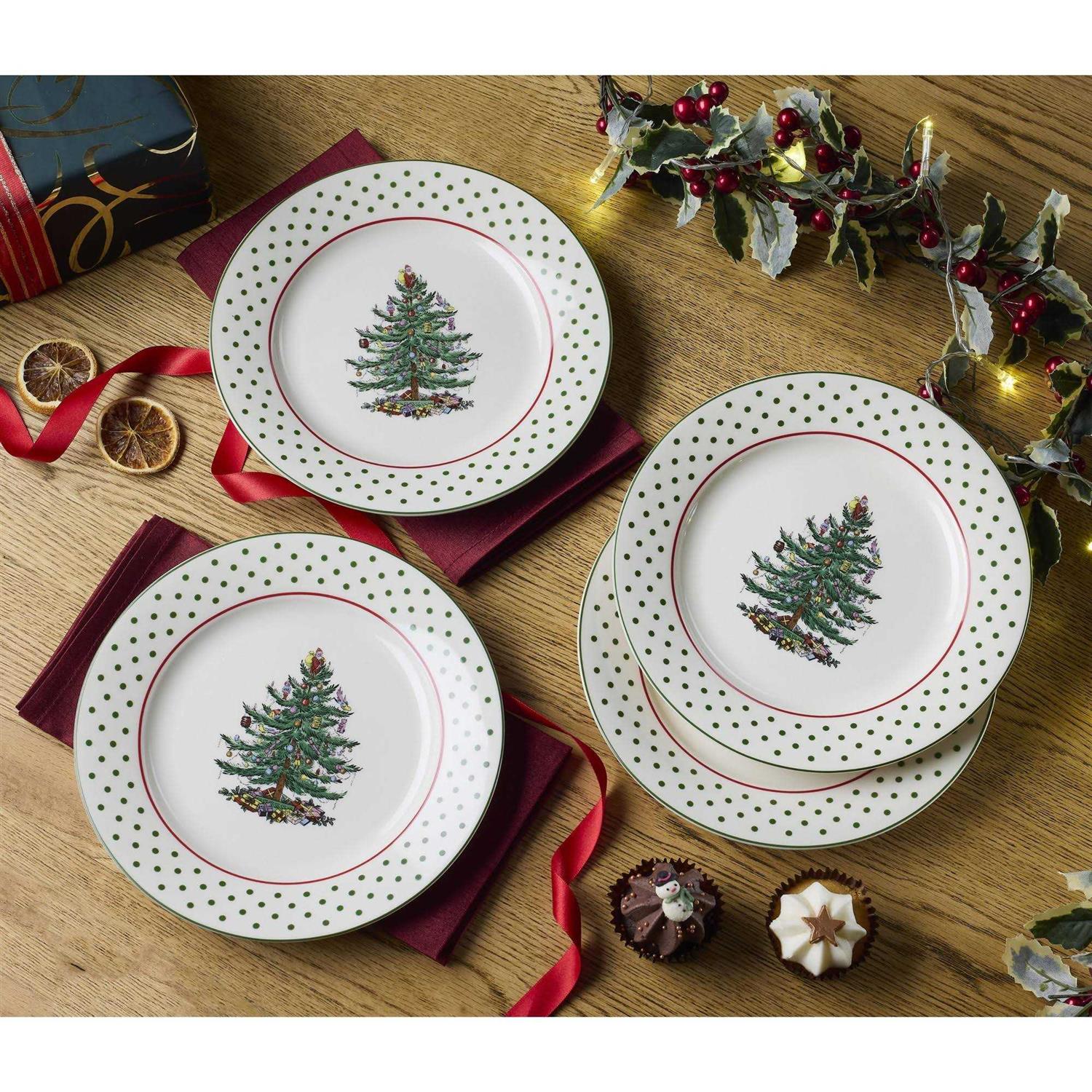 Spode Christmas Tree Polka Dot Dessert Plates Set of 4