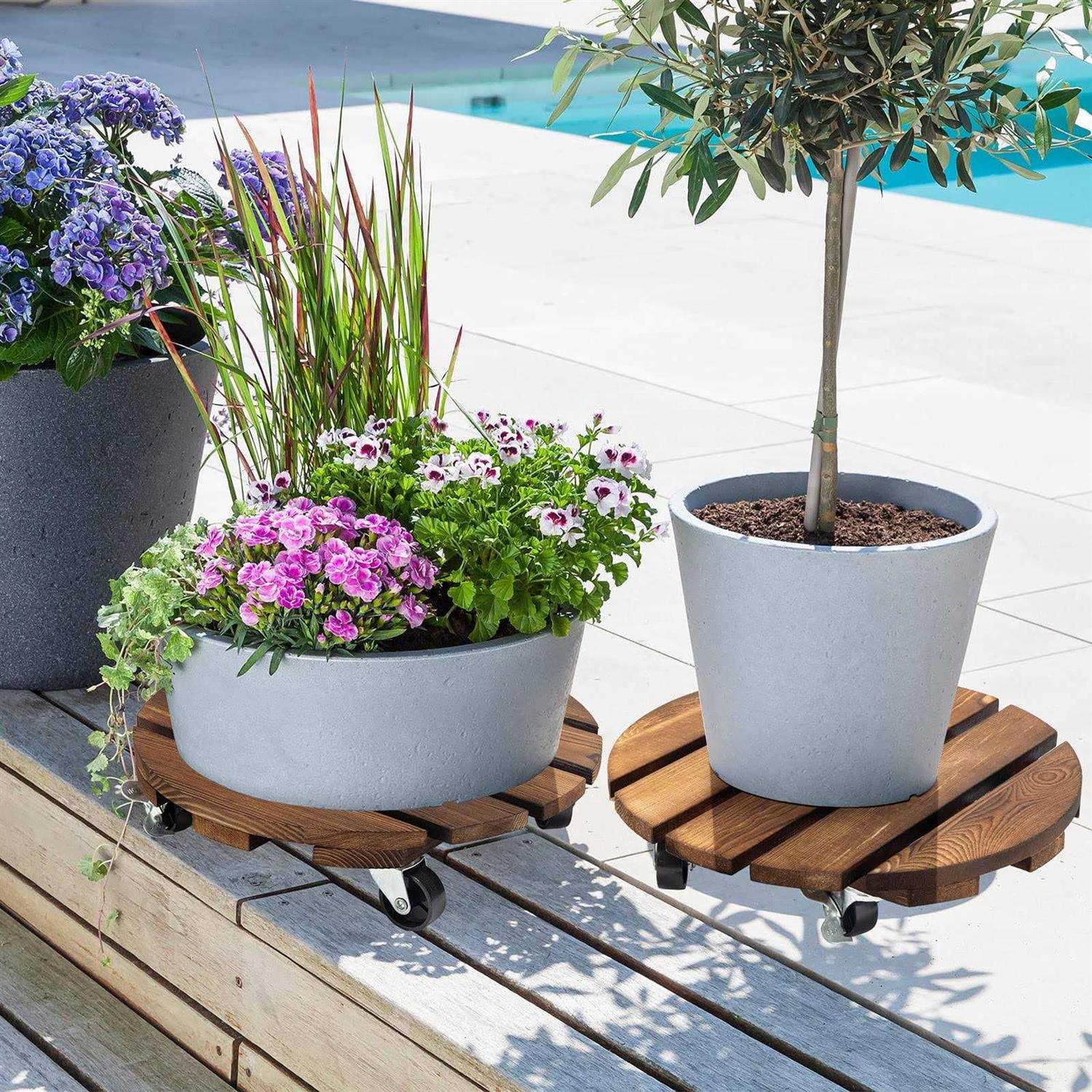 Yangbaga 2pack Plant Caddy 12u2019u2019Wood Duty Round Plant Roller with 2 360° Lockable Caster Wheels,Indoor Outdoor on Roller Patio/Flower