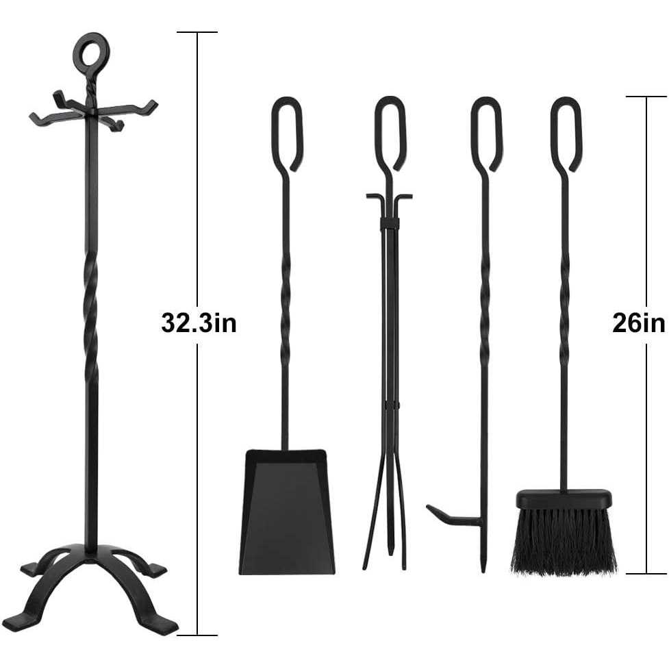 Amagabeli 5 Pieces Fireplace Tools Set Indoor Wrought Iron Fire Pit Tongs Holder