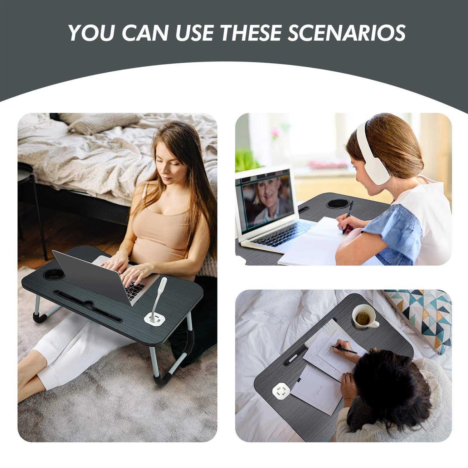 Laptop Bed Desk, Foldable Laptop Bed Table Tray with USB Ports, Storage Drawer and Cup Holder,Tablet/Phone Slot