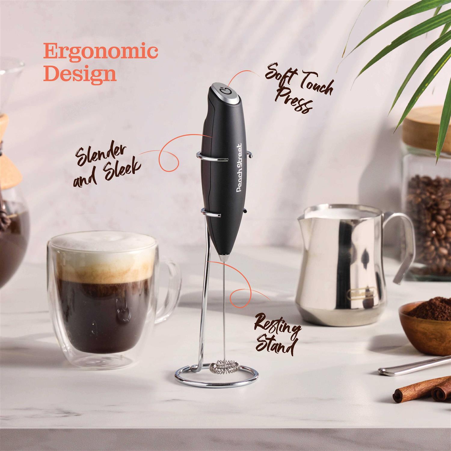 Powerful Handheld Milk Frother Mini Milk Foamer Battery Operated Stainless Steel Drink Mixer with Frother Stand