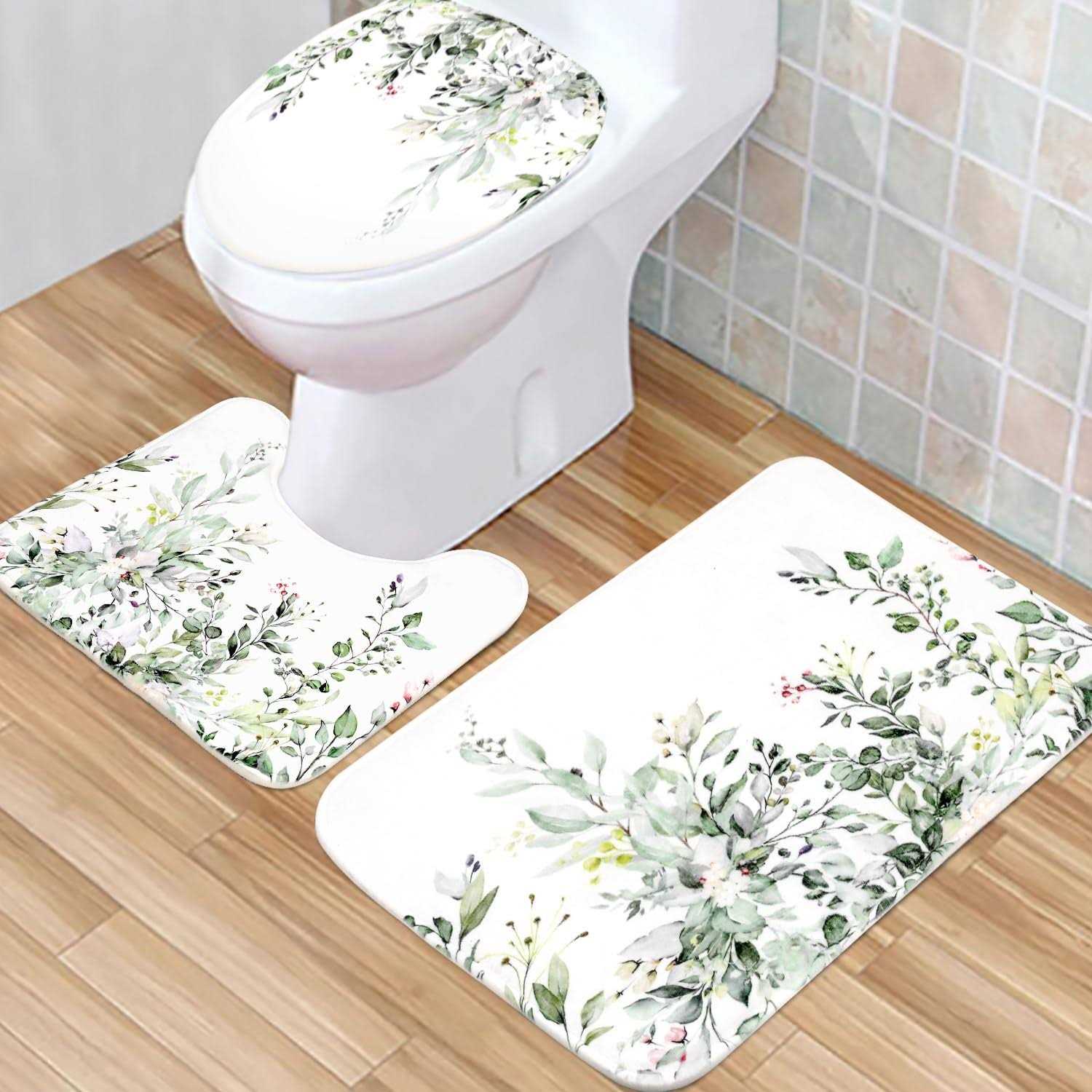 4Pcs Sage Green Eucalyptus Shower Curtain Set, Bathroom Sets with Shower Curtain and Rugs