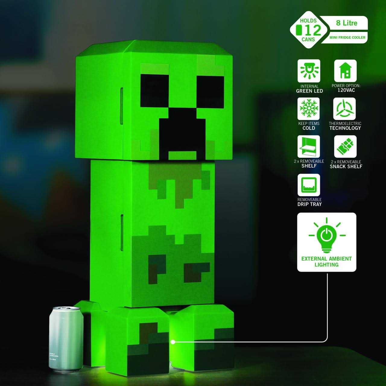 Minecraft Green Creeper Body 12 Can Mini Fridge 8L 2 Door Ambient Lighting 25.2 inch H 9.5 inch W 9.1 inch D