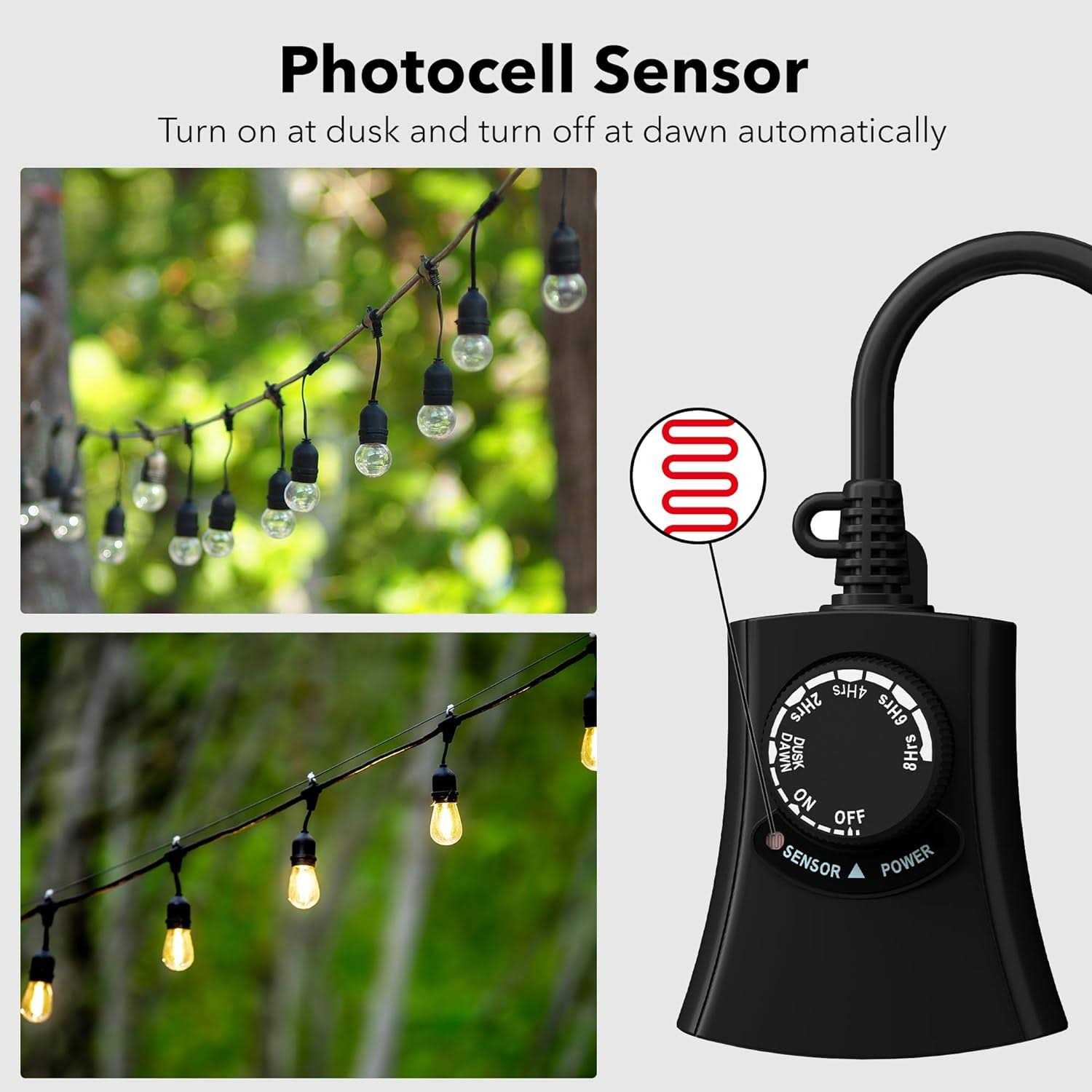 Outdoor Photocell Light Timer Waterproof Dusk to Dawn Sensor Timer Outlet 2/4/6/8 Countdown HBN