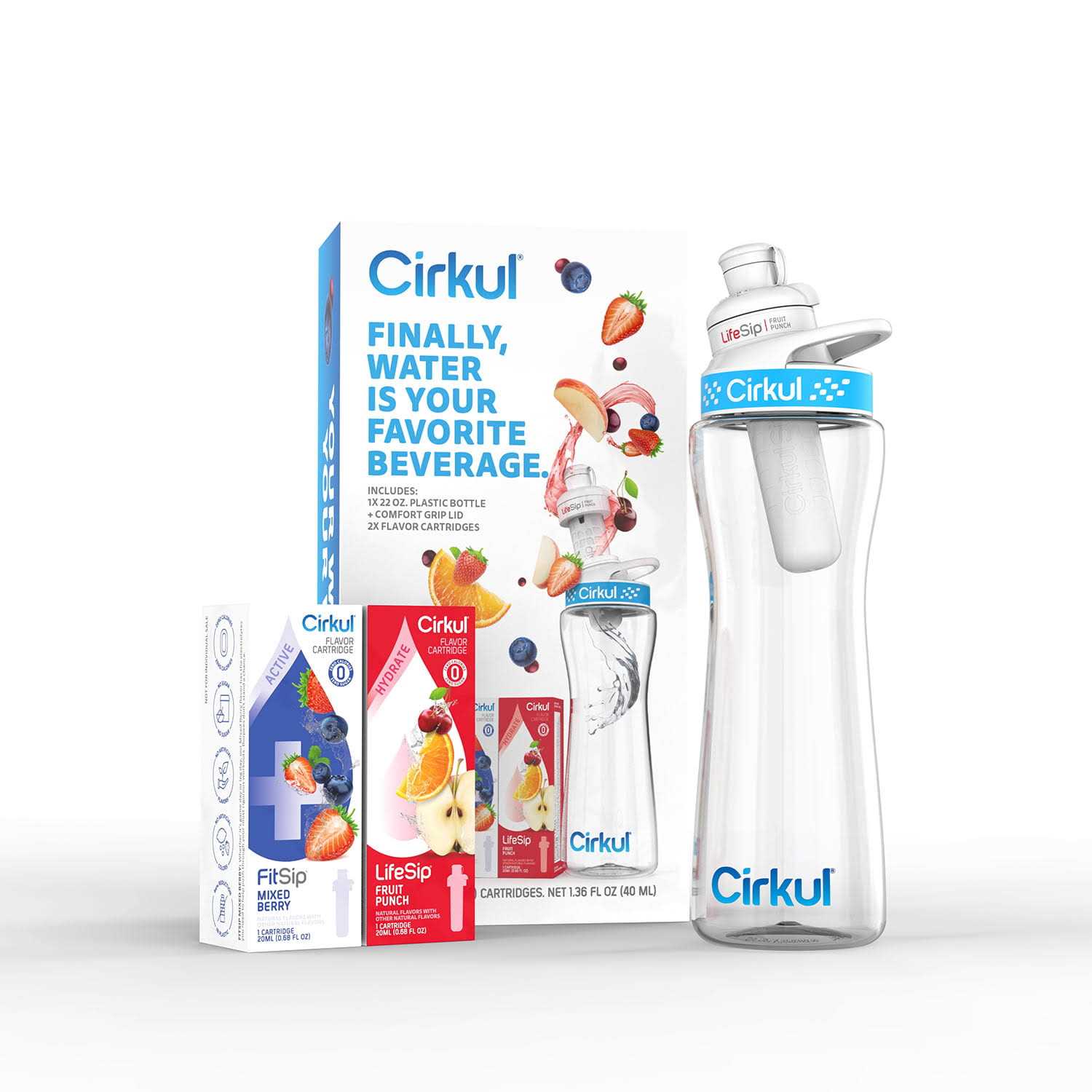 Cirkul Plastic Water Bottle Starter Kit with Blue Lid & 2 Flavor Cartridges
