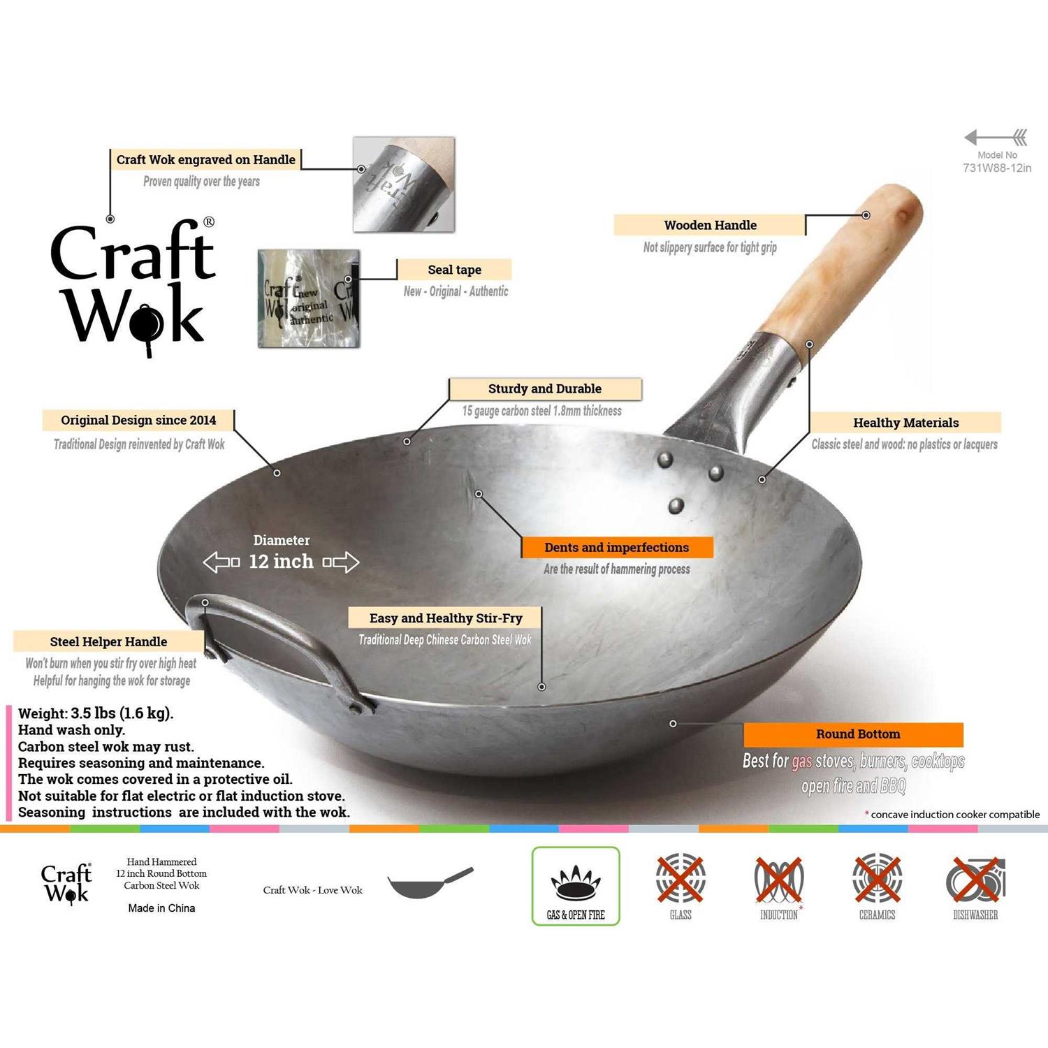 Craft Wok Traditional Hand Hammered Carbon Steel Pow Wok with Wooden and Steel Helper Handle