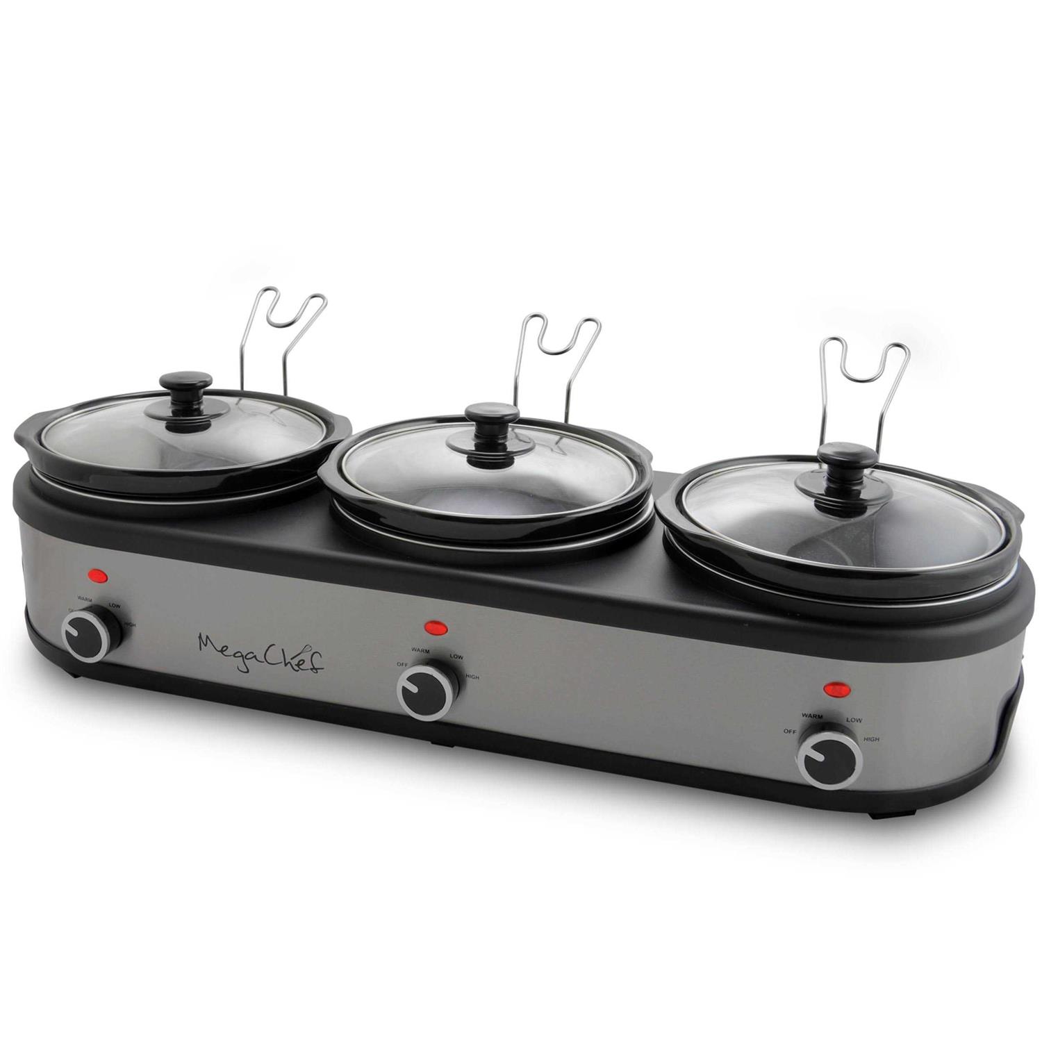 MegaChef Triple 2.5 Quart Slow Cooker and Buffet Server in Brushed