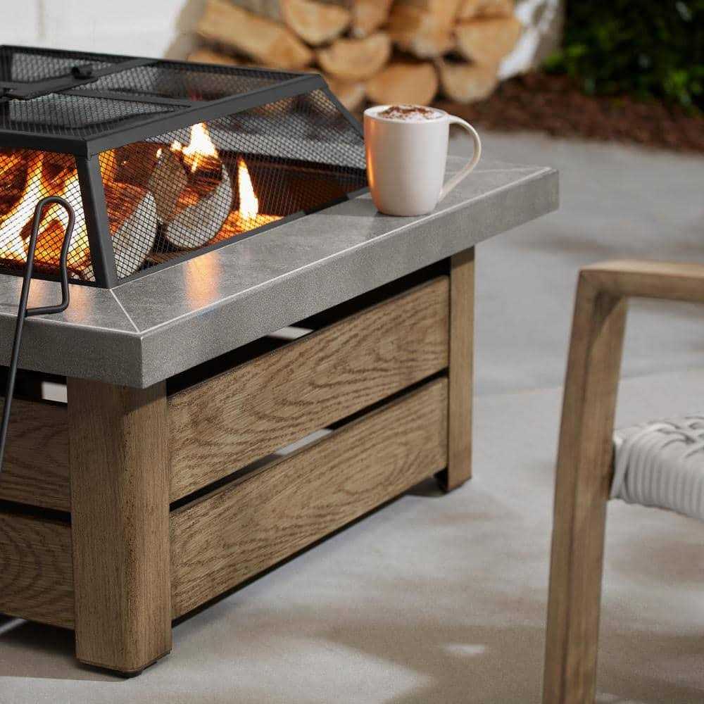 Hampton Bay Stoneham 34 in. x 15.5 in. Square Steel Wood Fire Pit with Tile Top