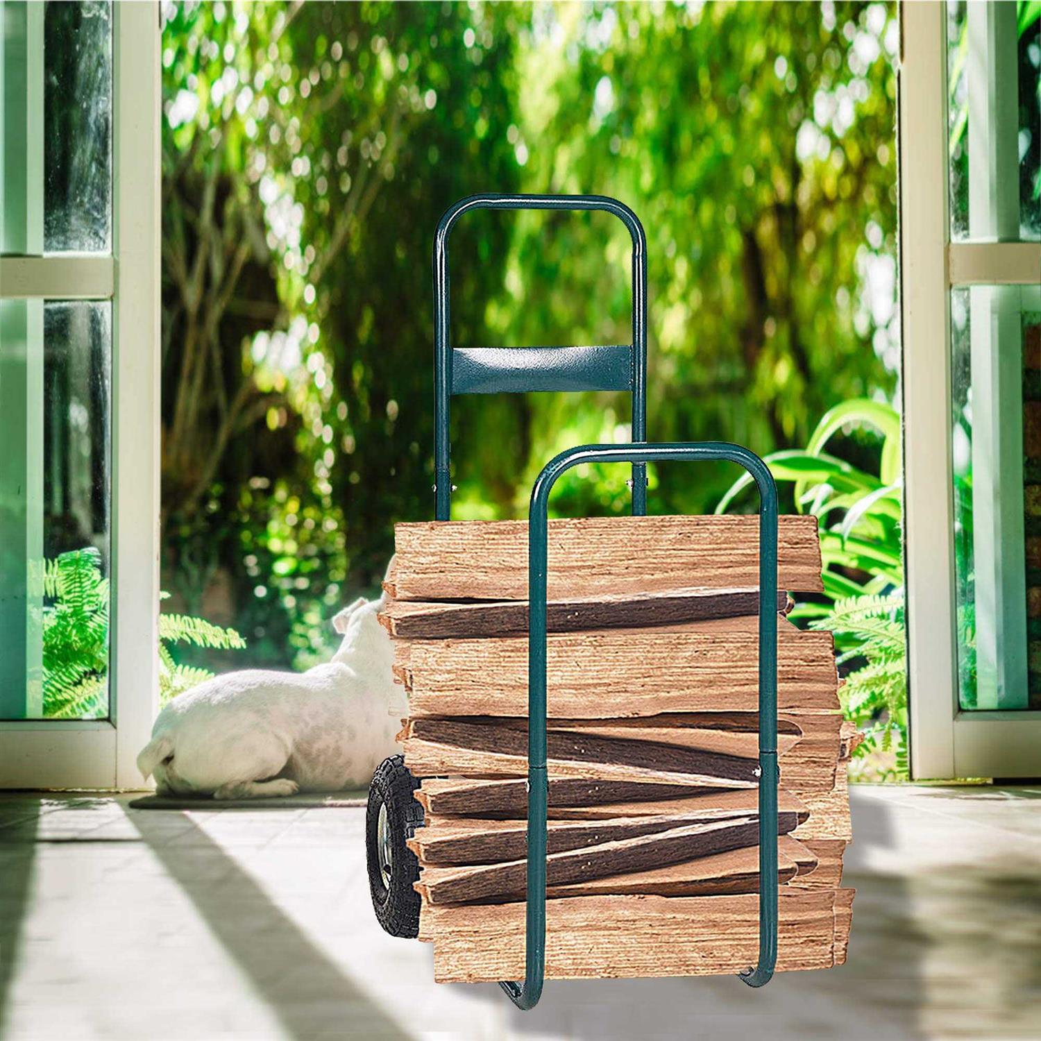 Livebest Firewood Log Cart Carrier Rolling Wood Mover Hauler Fire Rack Storage Holder Backyard Patio Garden