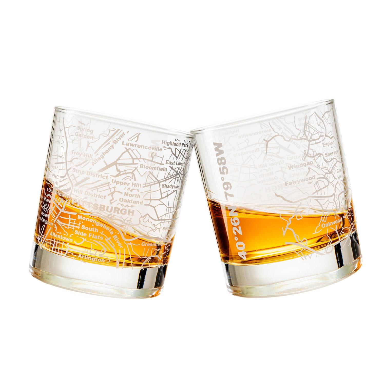 Greenline Goods Etched Whiskey Glasses 10 Oz Tumbler Gift Set Map