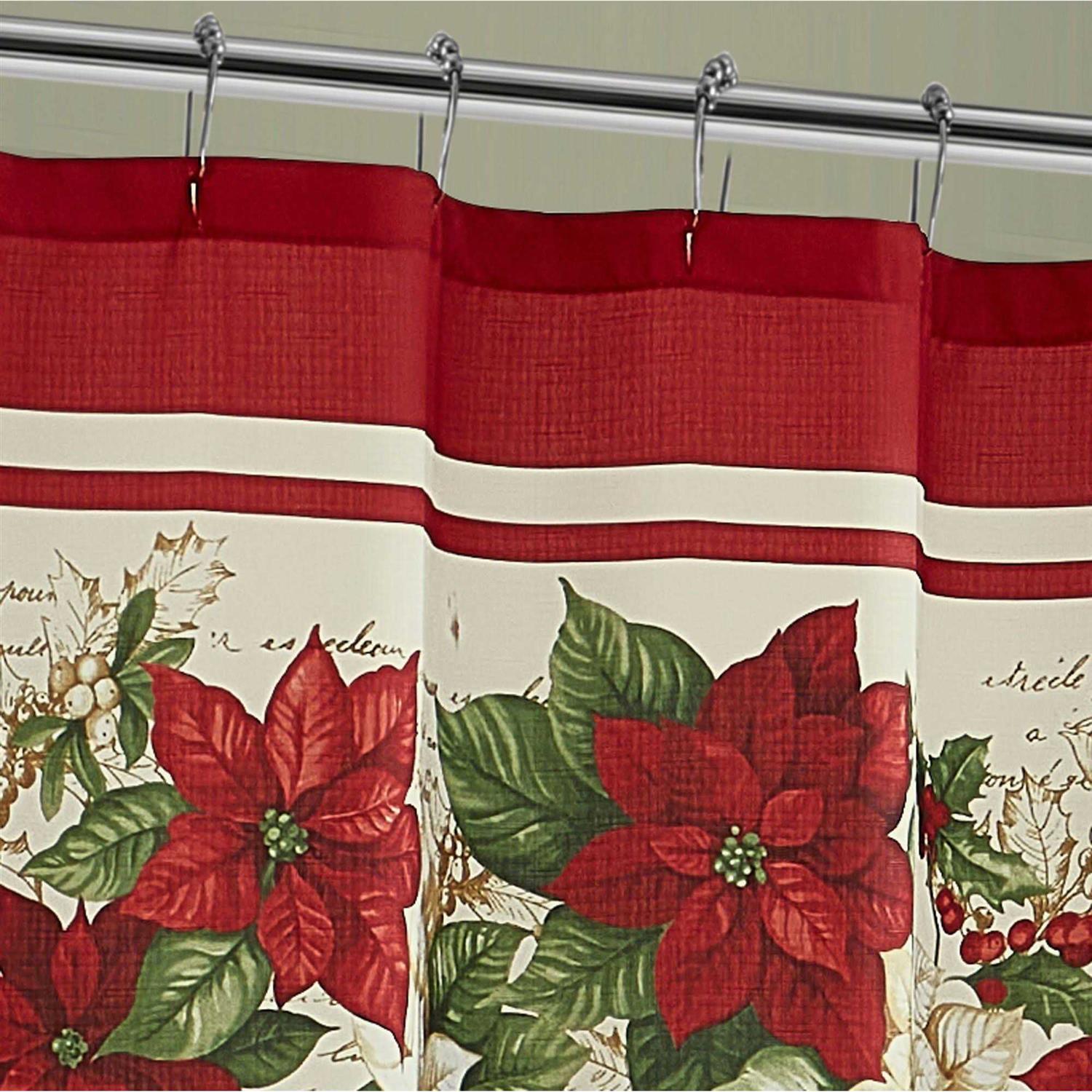 Elrene Red And White Poinsettias Holiday Fabric Shower Curtain