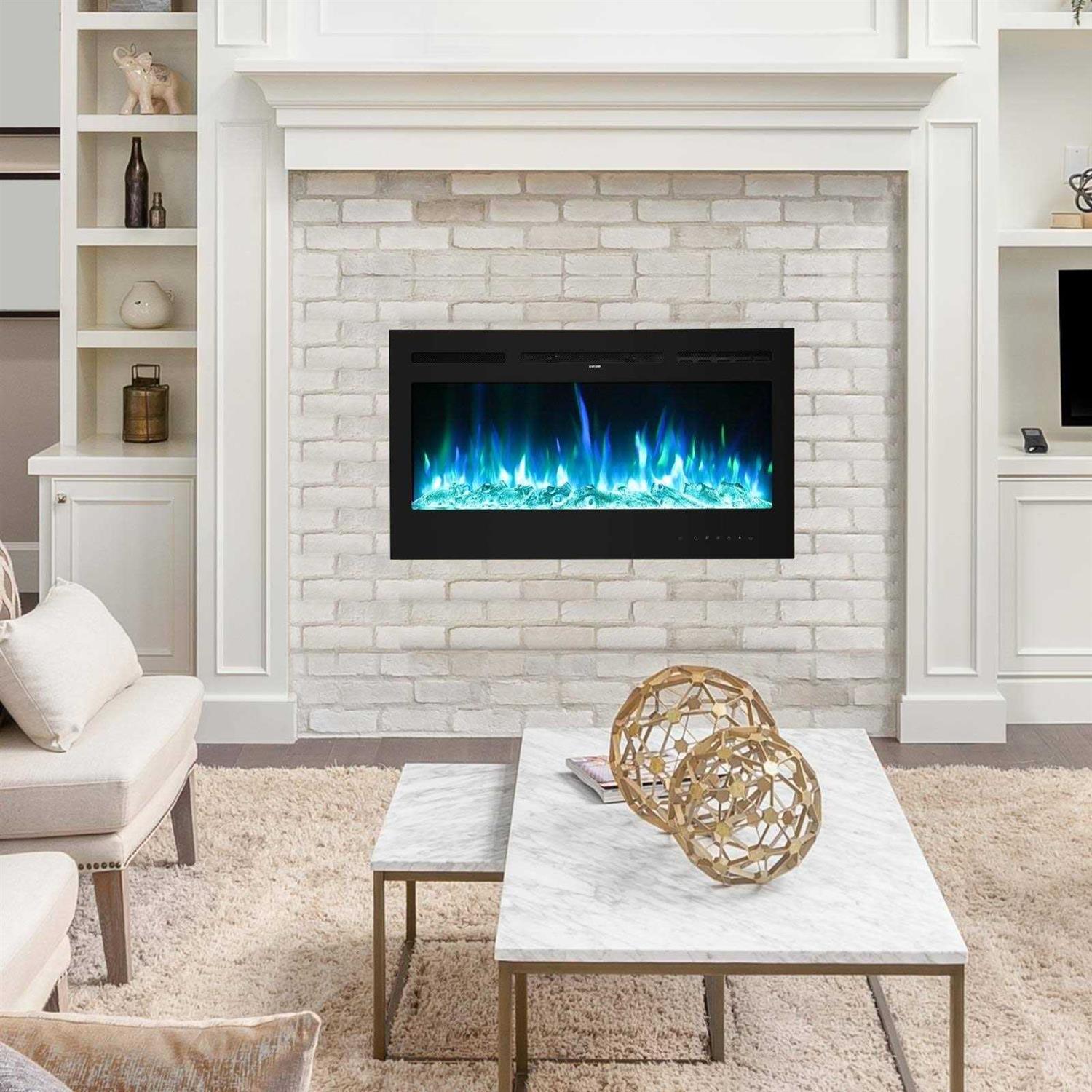 Zokop 36/40/50/60 Inches Recessed/Wall-Mounted 9-Color Flame Fireplace with Remote Control