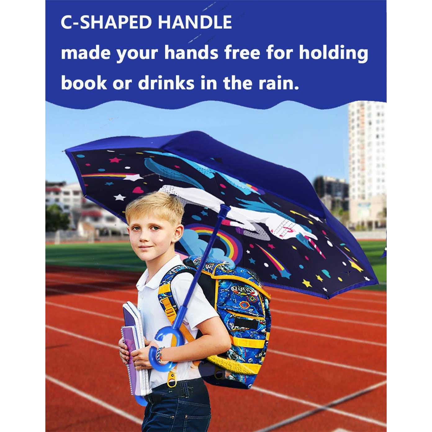 MRTLLOA 40 Inch Kids Windproof Inverted Reverse Umbrella with UV Protection, C-Shaped Handle Double Layer Stick Rain Umbrella for Boys and Girls