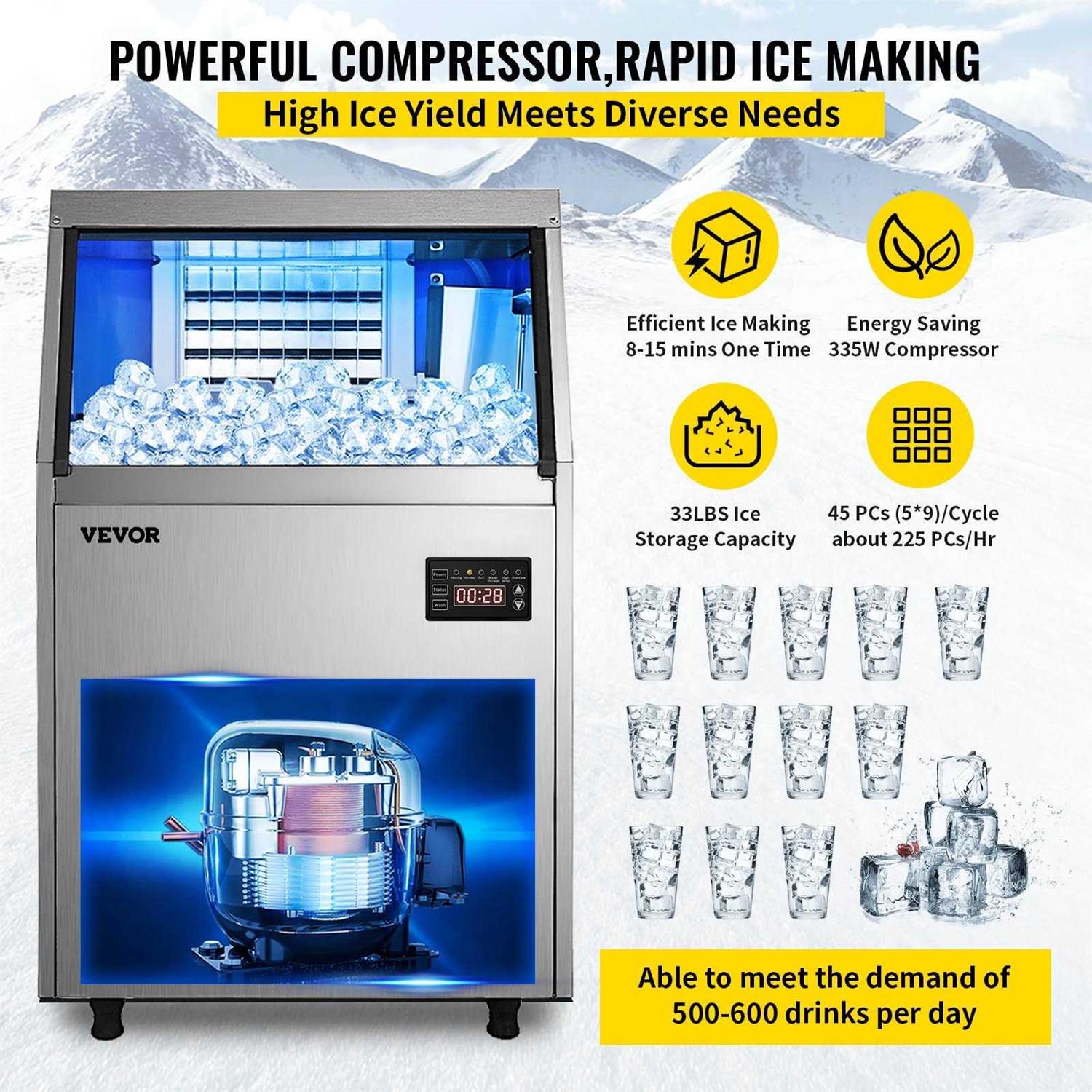 VEVOR Commercial Ice Maker Machine 24H with 33LBS Bin