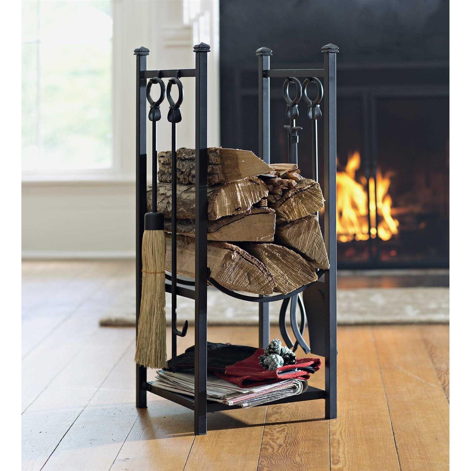 Plow & Hearth All-in-One Wood Rack with Fireplace Tool Set