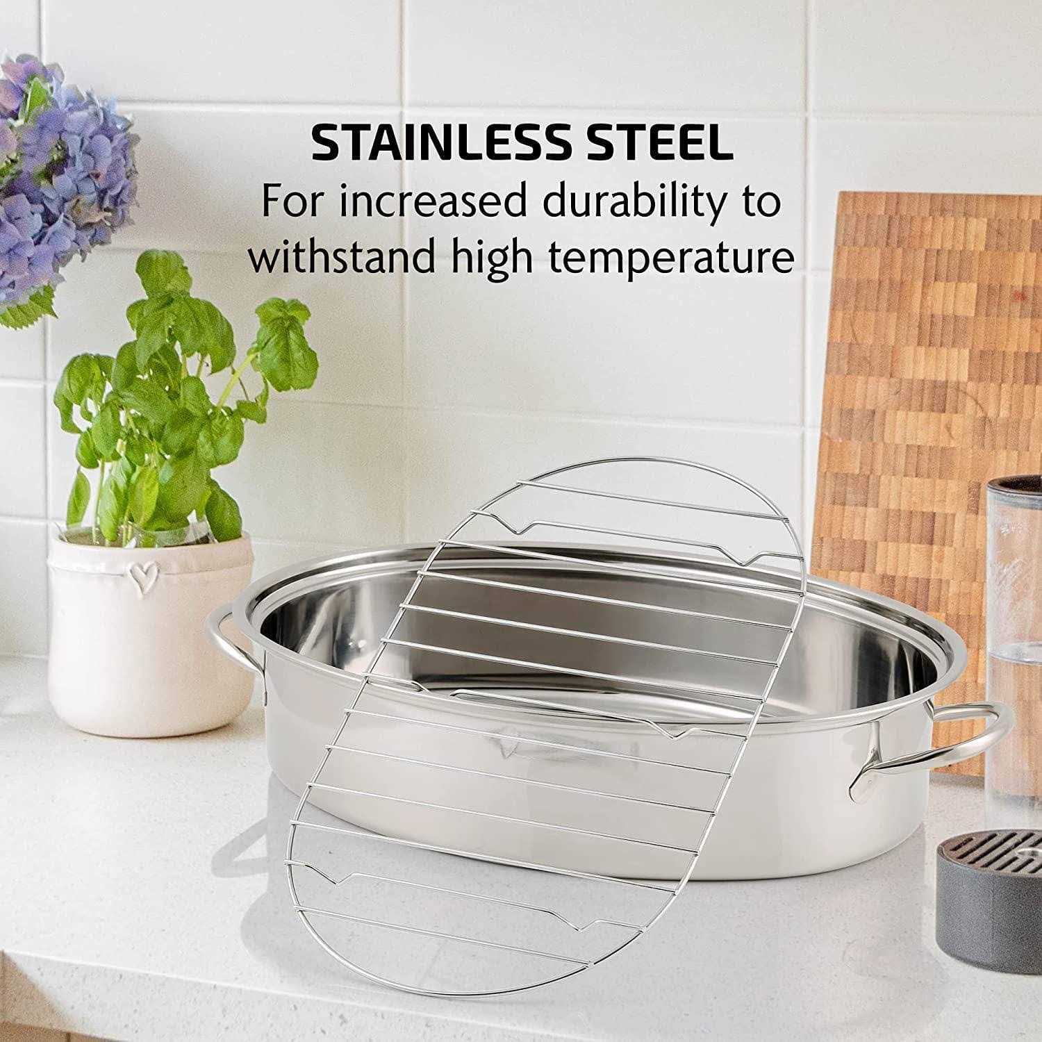 Ovente Kitchen Oval Roasting Pan 16 Inch Stainless Steel Baking Tray with Lid & Rack