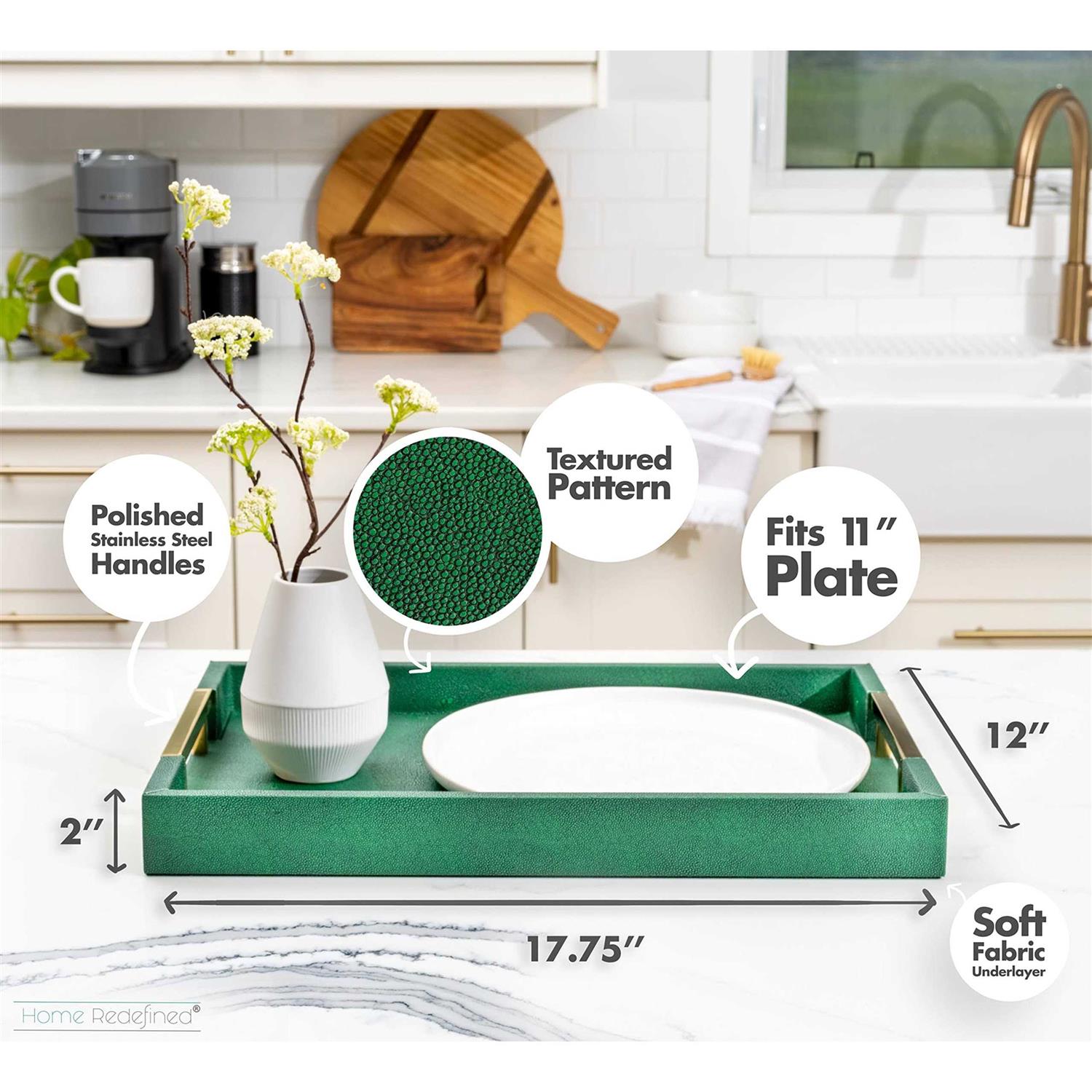 Home Redefined Modern Elegant 18’x12′ Rectangle Glossy Shagreen Decorative Ottoman Coffee Table Perfume Living Room Kitchen Serving Tray