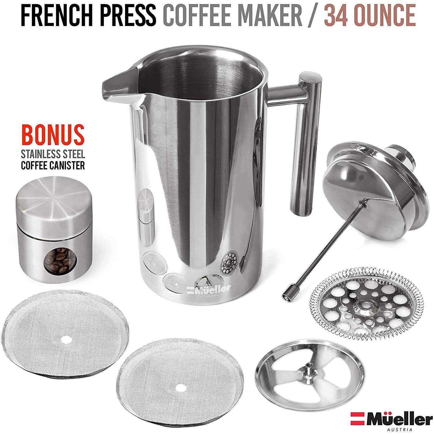 Mueller French Press Double Insulated 310 Stainless Steel Coffee Maker 4 Level Filtration System