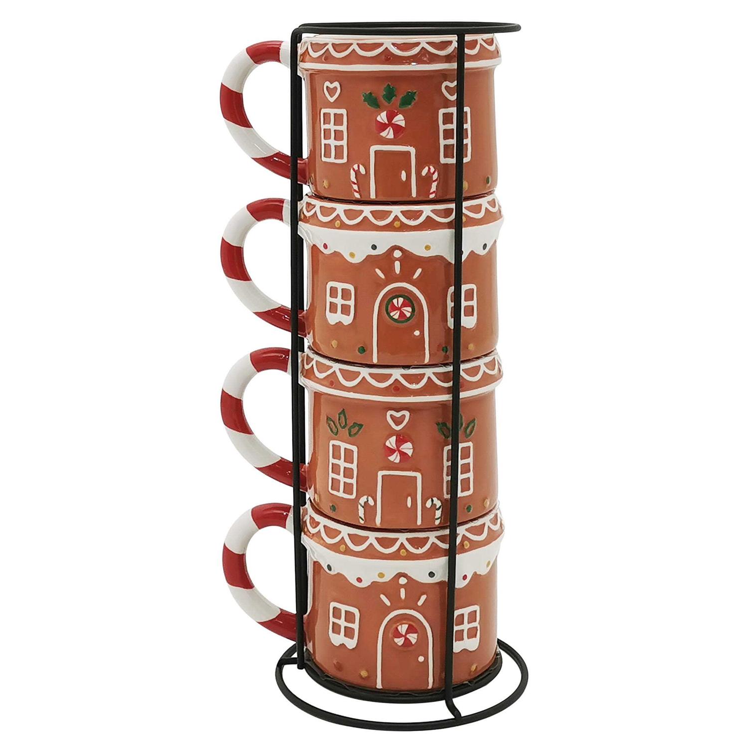 Holiday Time Gingerbread House Stackable Stoneware Mug with Metal Rack Set