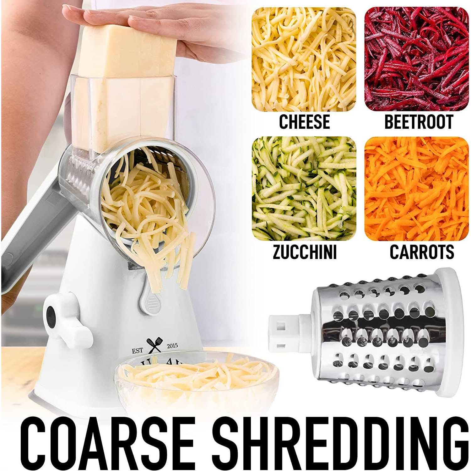 Zulay Kitchen Rotary Cheese Shredder Grater with 3 Replaceable Stainless Steel Drum Blades