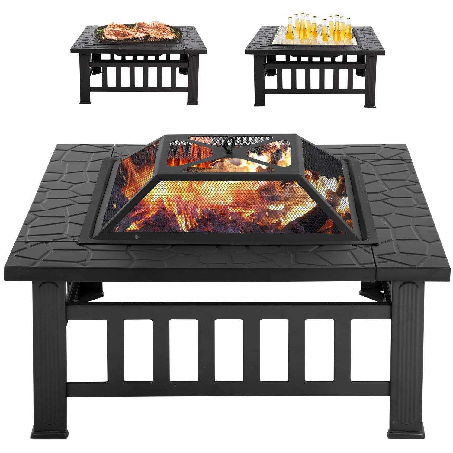 Fdw Outdoor Fire Pit 32 inch Square Metal Firepit For Patio Wood Burning Fireplace Garden Stove with Charcoal Rack