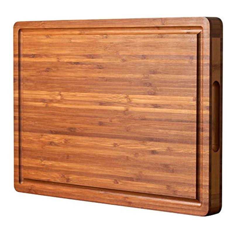 Large Wood Cutting Board for Kitchen, 1” Thick Bamboo Cheese Charcuterie Board, Butcher Chopping Block, with Juice Grooves and Handles