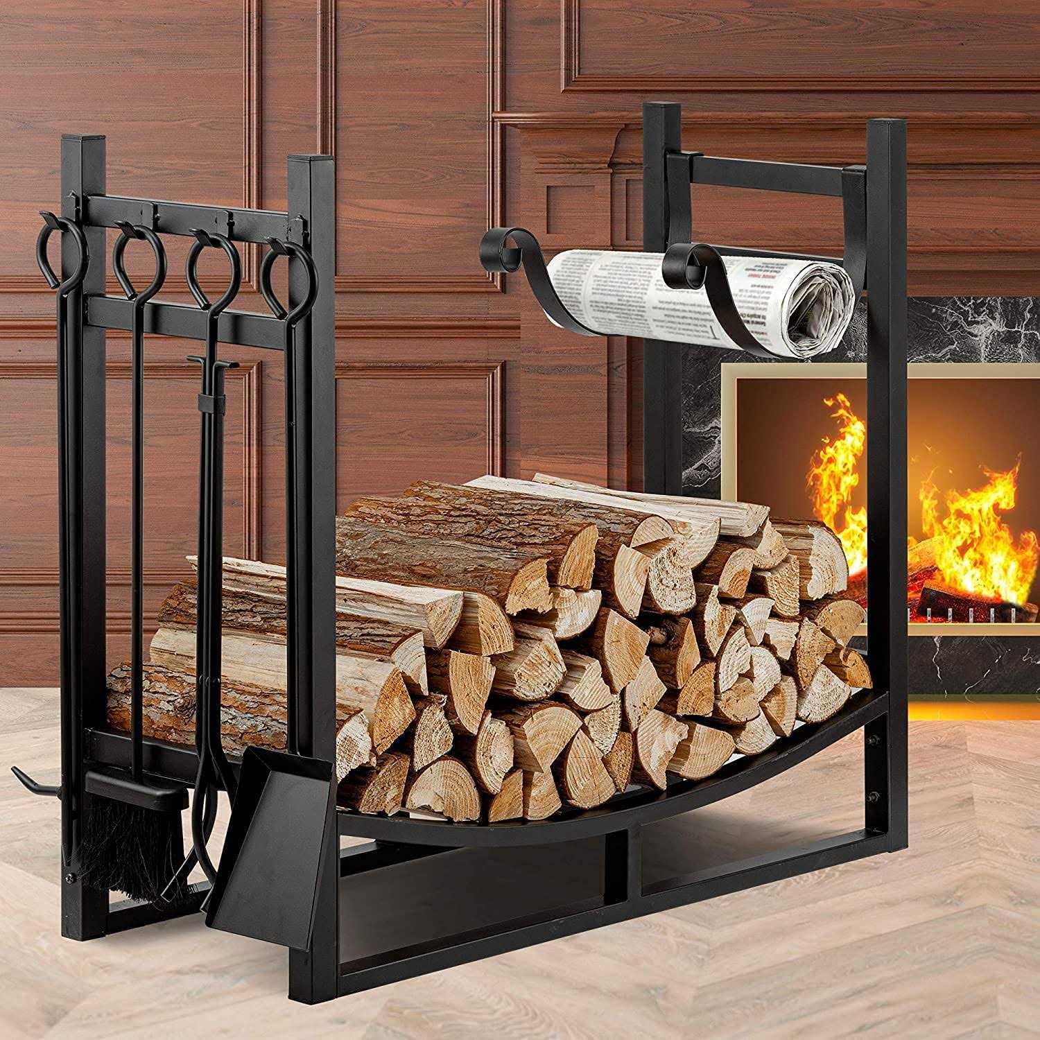 Amagabeli Large Firewood Rack With Fireplace Tools Set 33.5 Inch Wood Rack Wrought Iron Indoor Outdoor Kindling Log Holder Heavy Duty Wide Wood