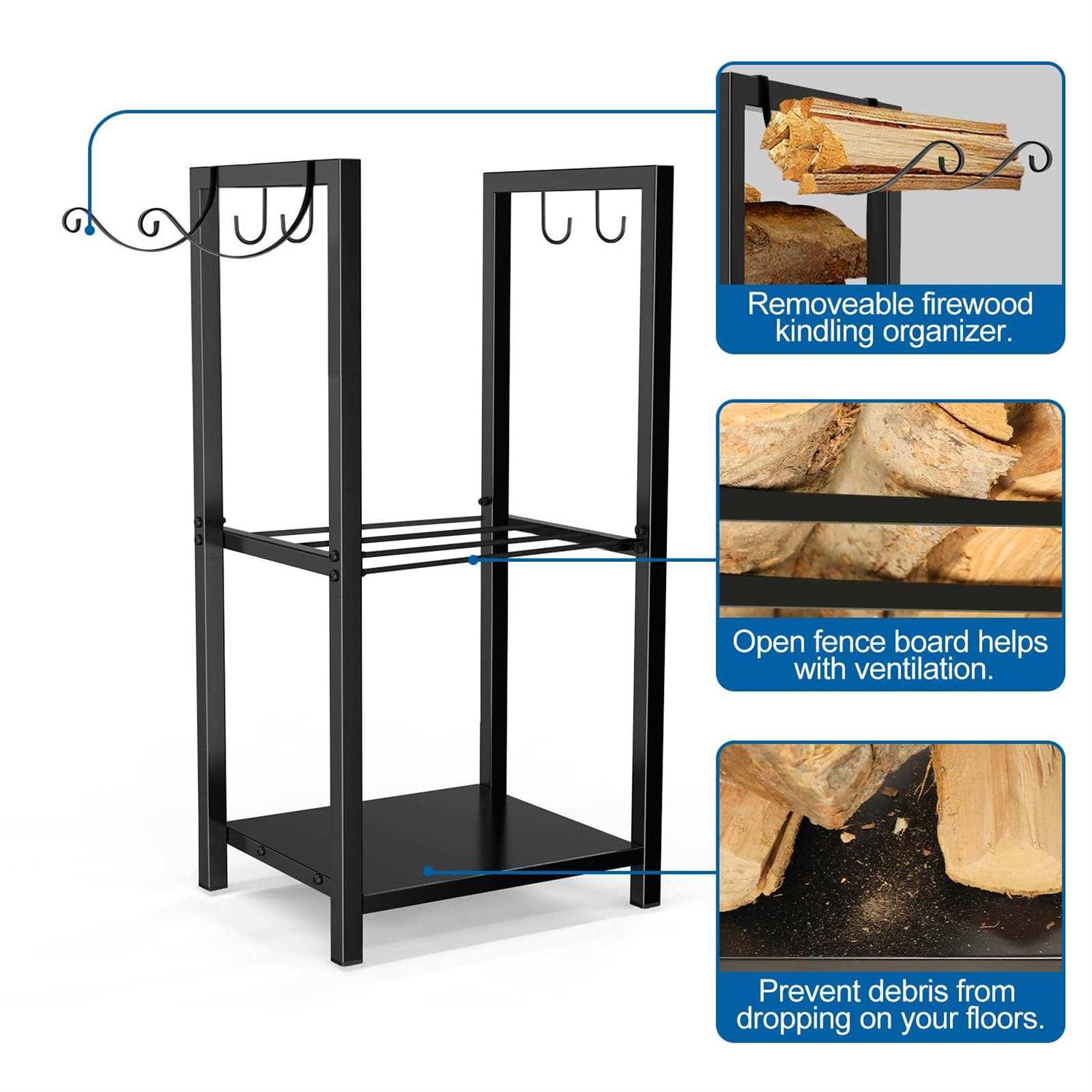MOFEEZ Firewood Rack Log Holder Indoor with Kindling Hooks Powder-coated Steel Made