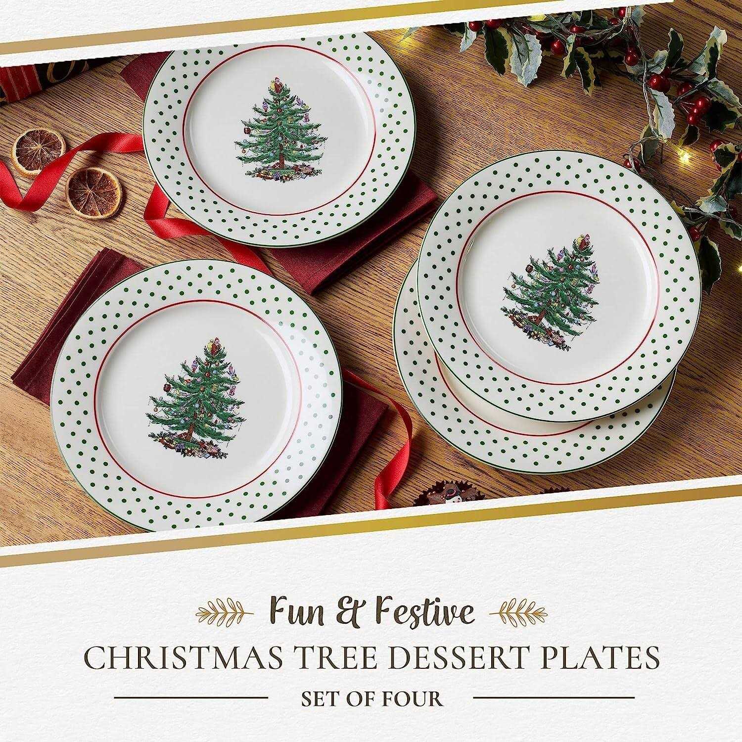 Spode Christmas Tree Polka Dot Dessert Plates Set of 4