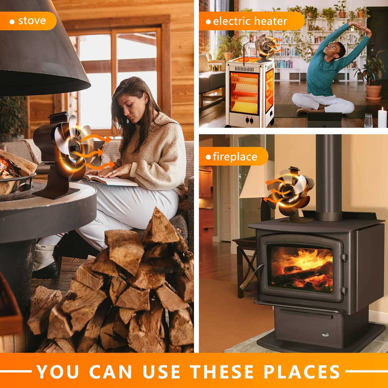 Holldoor 6 Blade Wood Stove Fan Heat Powered Non Electric Fireplace Fan with Stove Top Thermal Fan Thermometer for Wood Burning Stove/Fireplace