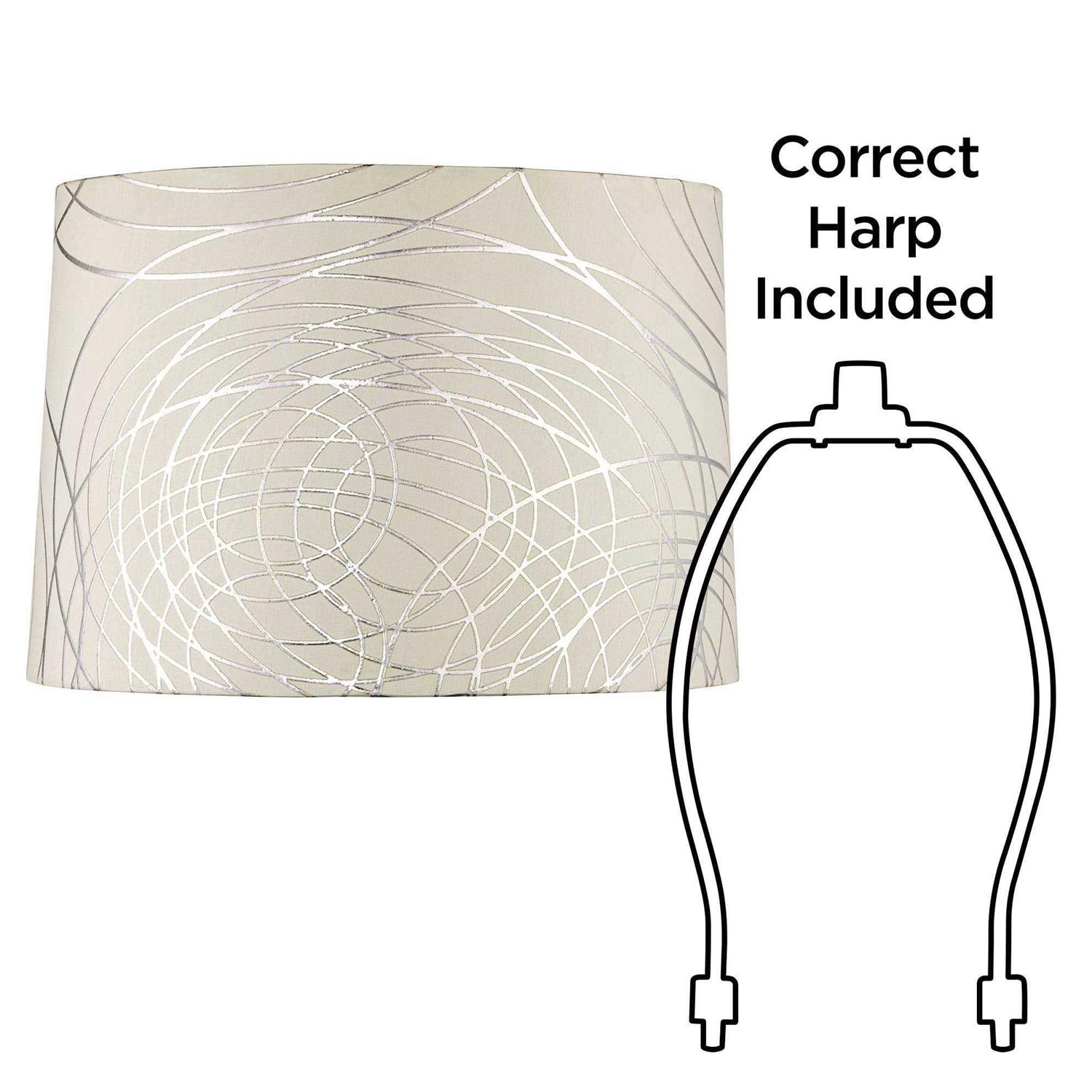 Springcrest Off-White with Silver Circles Medium Drum Lamp Shade 15 Top x 16 Bottom x 11 High Replacement with Harp and Finial
