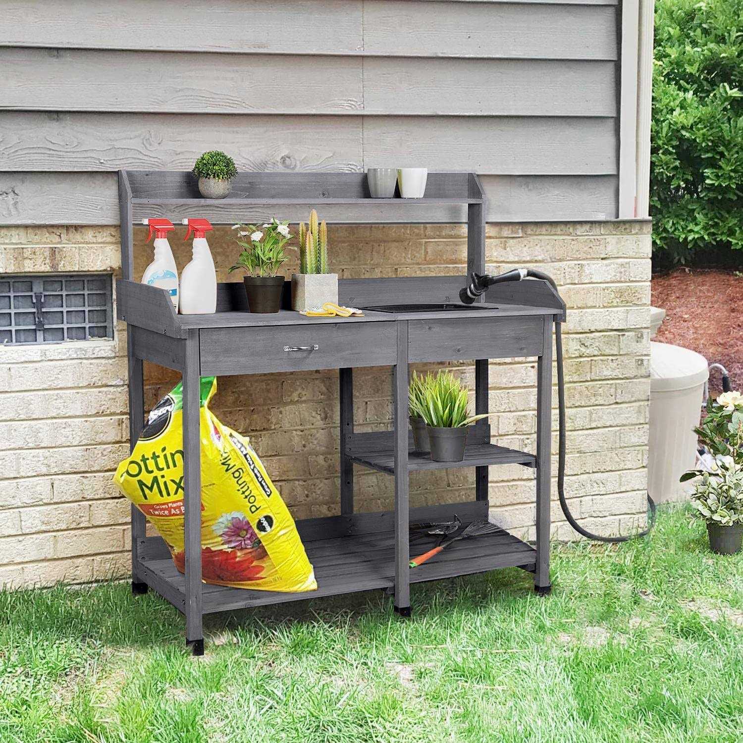 Yaheetech Outdoor Potting Bench Table Potters Benches Garden Work Bench Station Workstation with Drawer/Adjustable Shelf Rack/removable Sink/hooks/pad