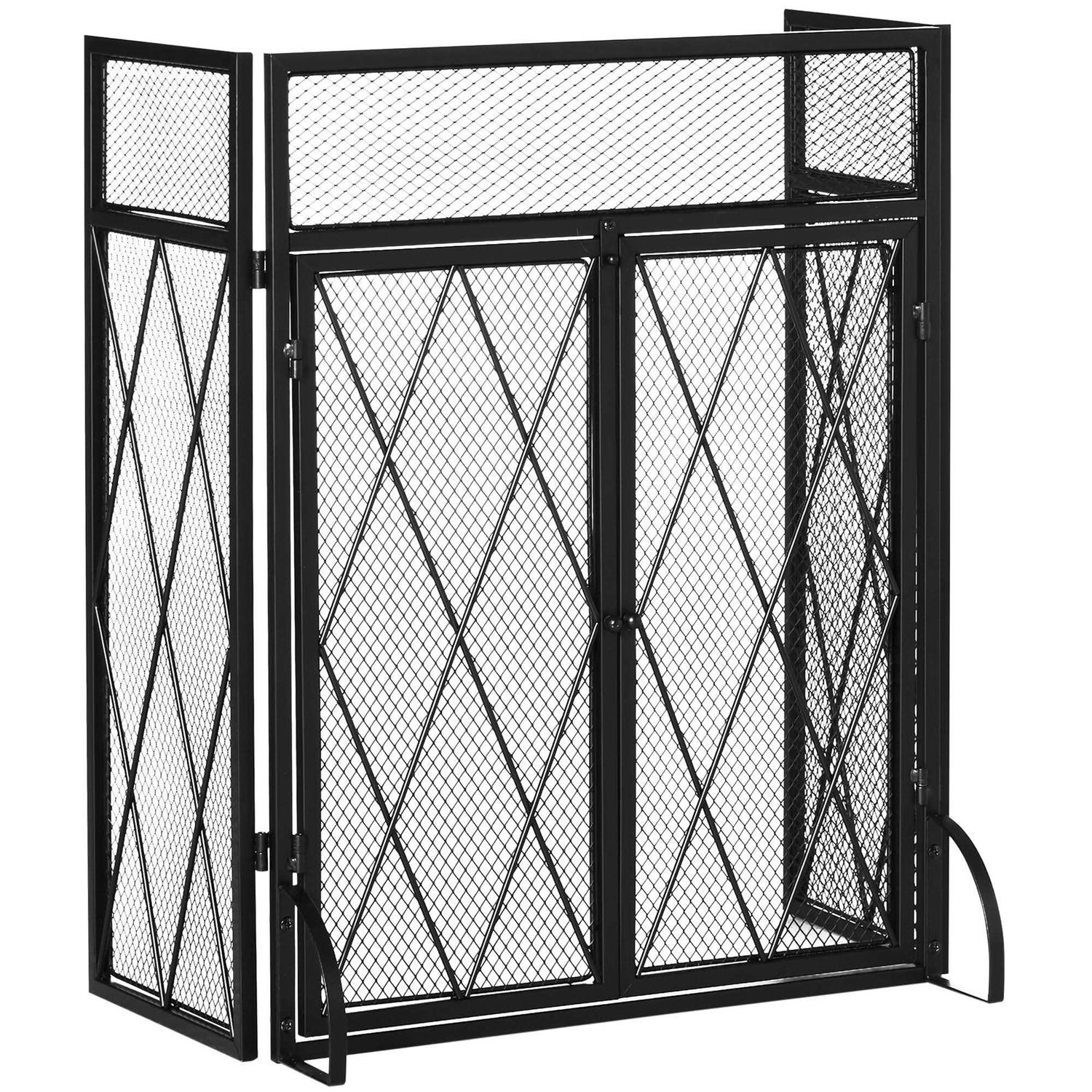 HOMCOM 3-Panel Folding Fireplace Screen for Wood Burning with Double Doors