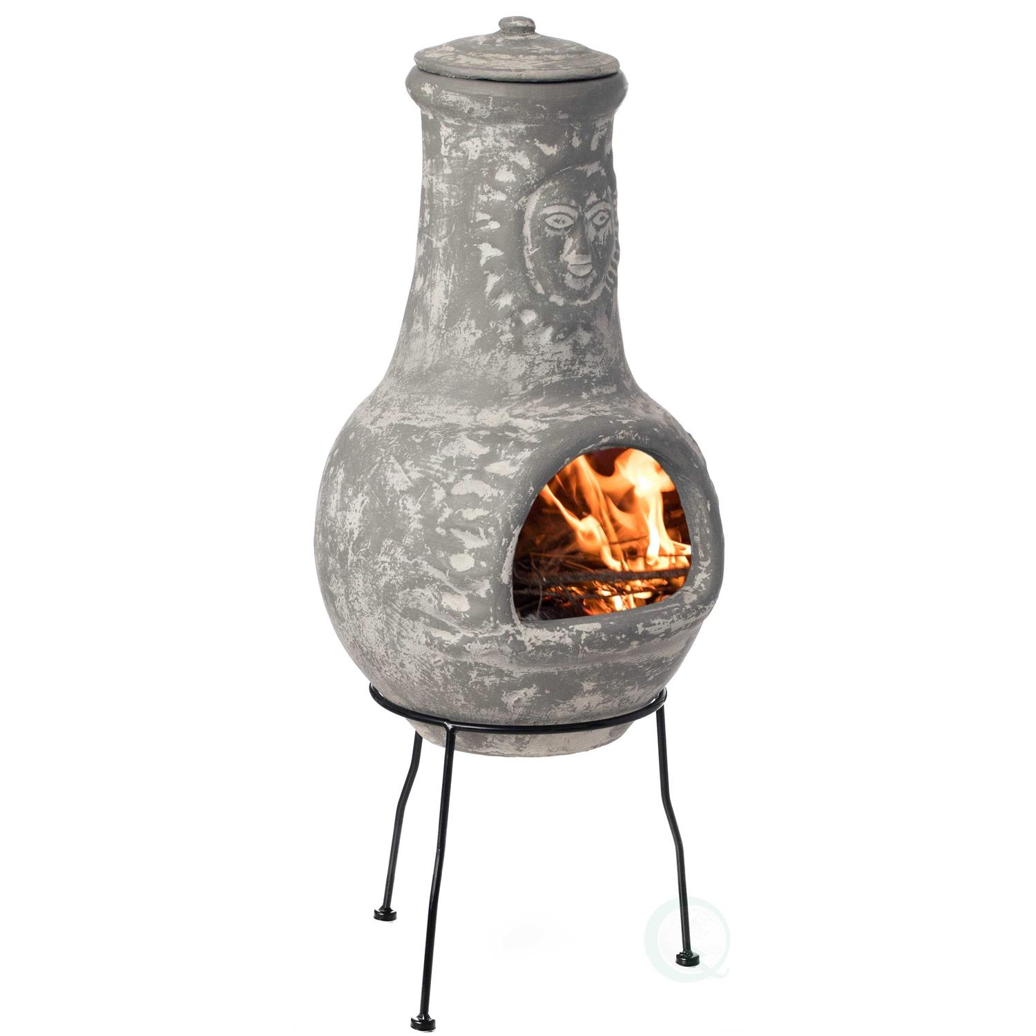 Vintiquewise Outdoor Clay Chiminea Fireplace Sun Design Wood Burning Fire Pit with Sturdy Metal Stand