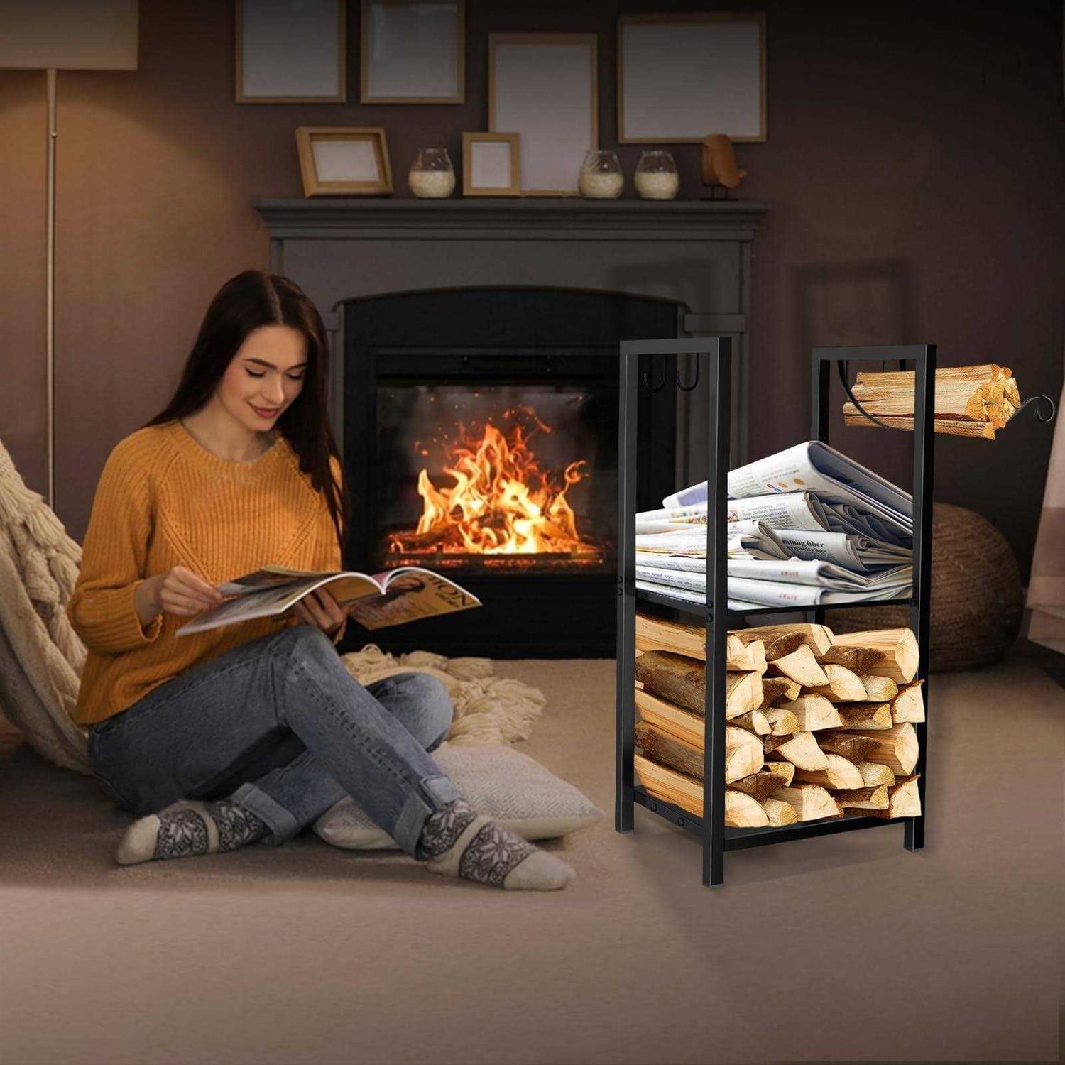 MOFEEZ Firewood Rack Log Holder Indoor with Kindling Hooks Powder-coated Steel Made