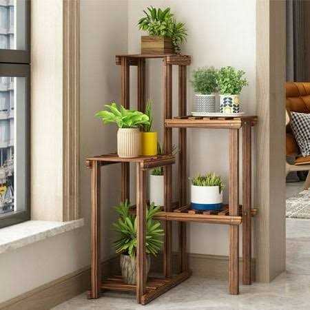 UNHO Well-arranged Wood Plant Stand Holder Flower Display Rack Indoor Outdoor Corner