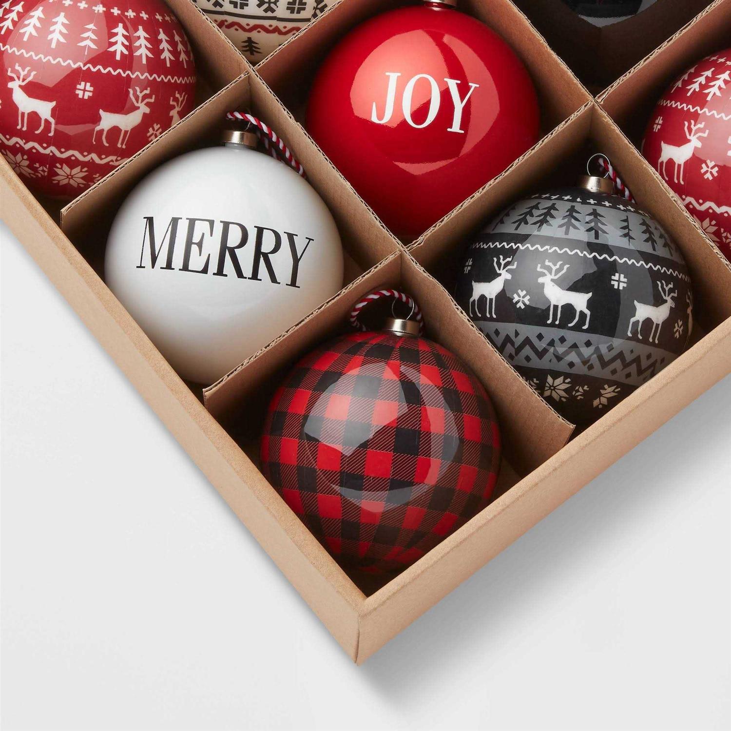 Wondershop Holiday Print Shatter-Resistant Round Christmas Tree Ornament Set 9pc Red/White/Black