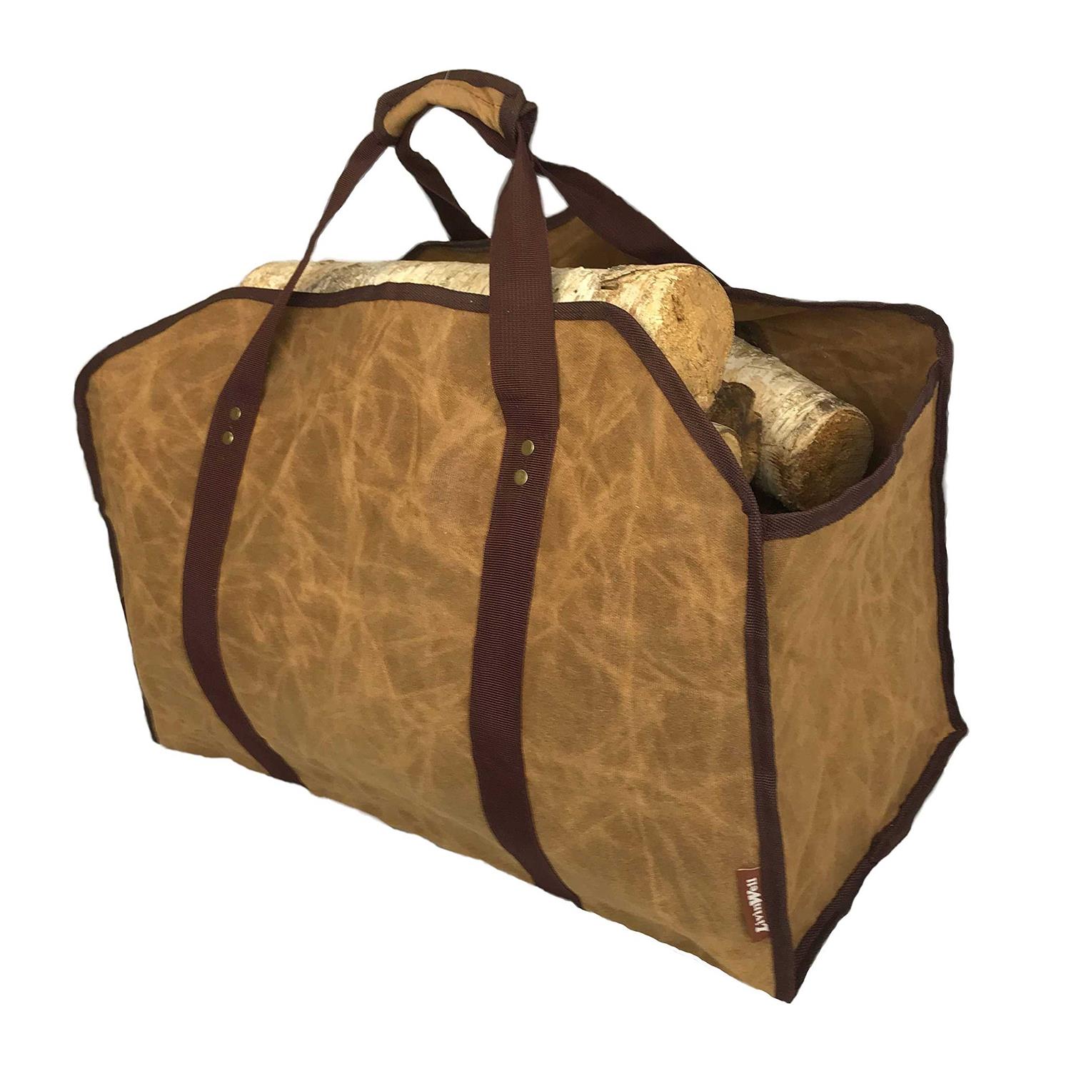 Livinwell Firewood Carrier Log Tote Bag Stands Up for Easy Wood Loading Large Heavy Duty Waxed Canvas Optional Metal Rack for Fireplace Storage