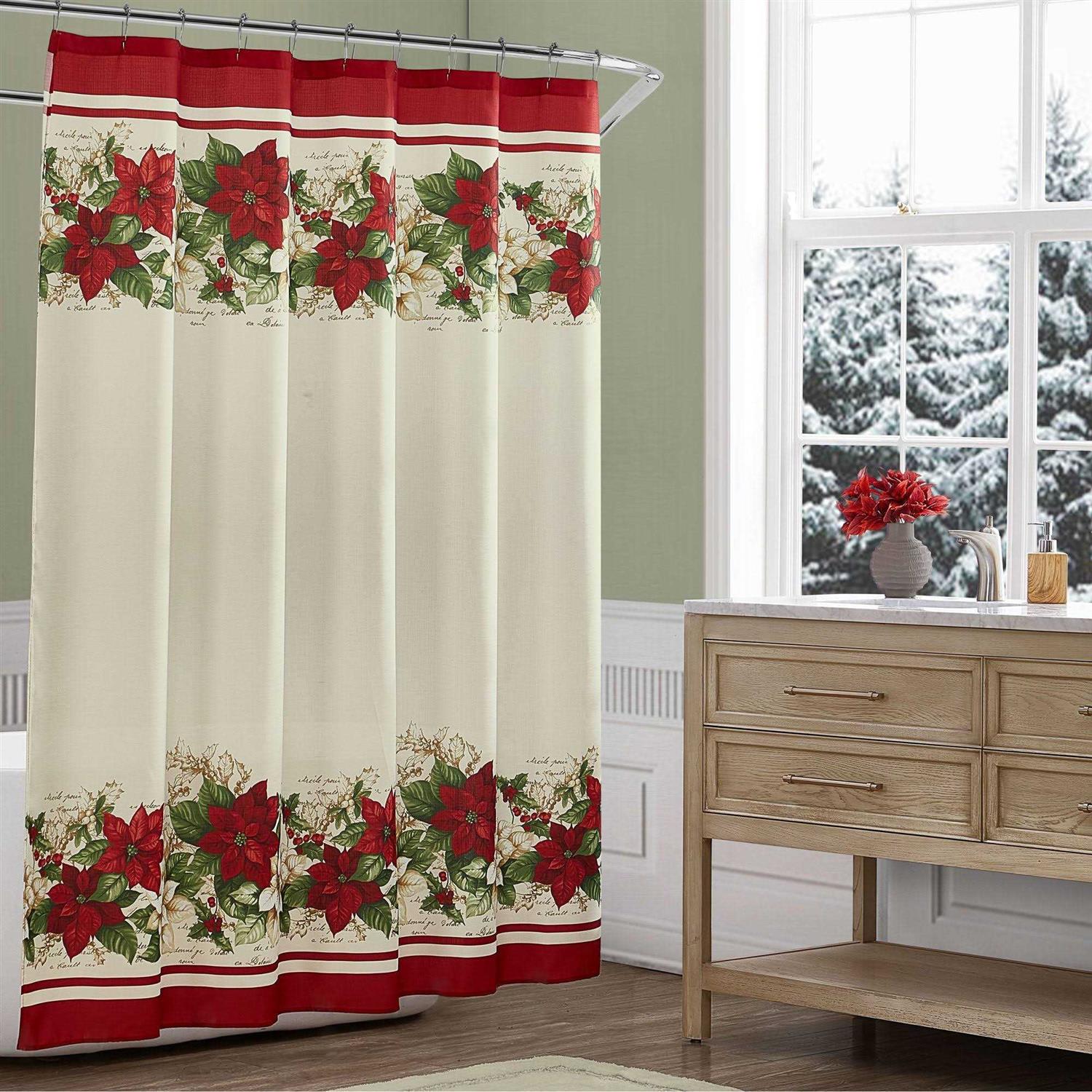 Elrene Red And White Poinsettias Holiday Fabric Shower Curtain